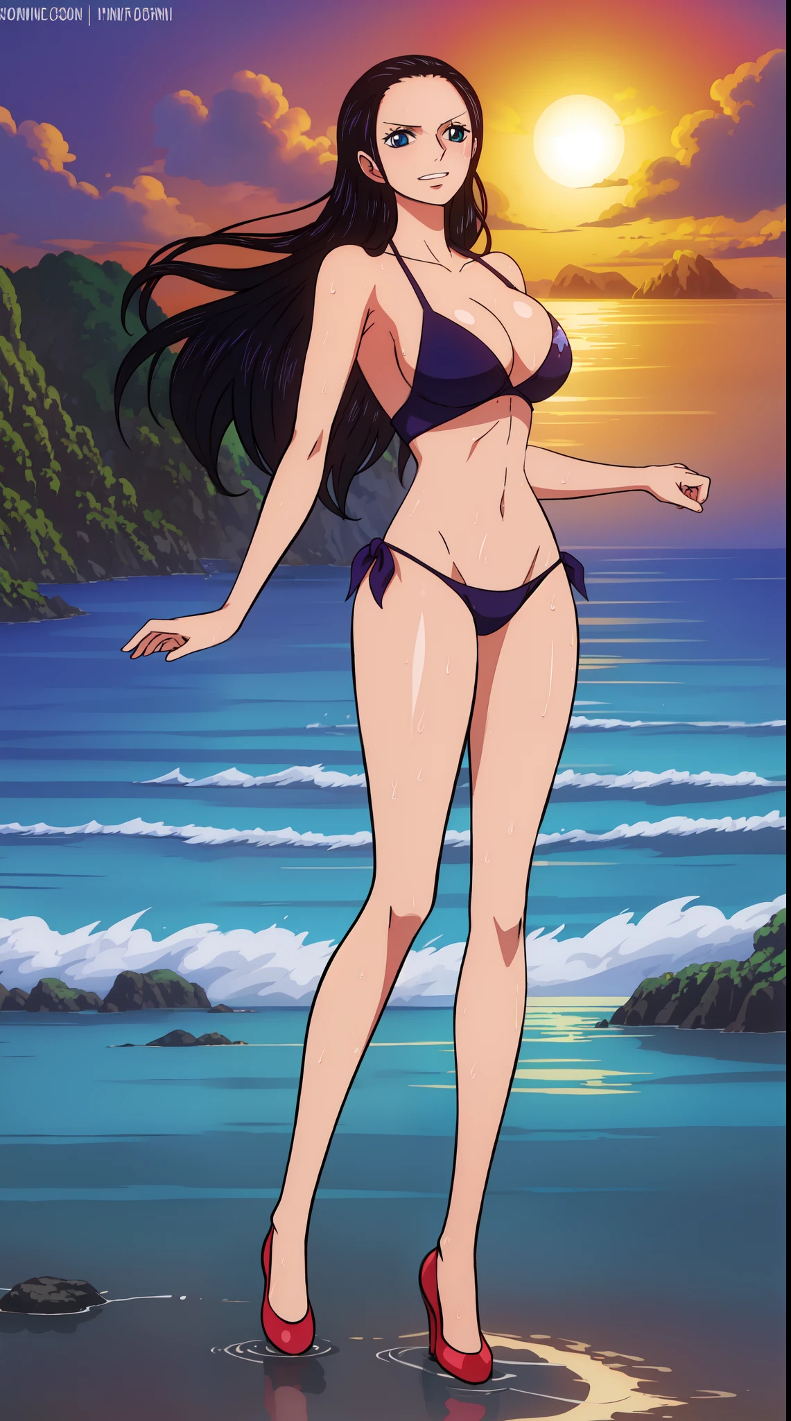 Nico Robin from one piece, black long hair, blue eyes, dark wide pupils, blushing, big breasts, side boobs, wearing thong bikini, standing in the beach, dynamic view, dynamic pose, joyful expression, sunrise, shiny skin, wet body,