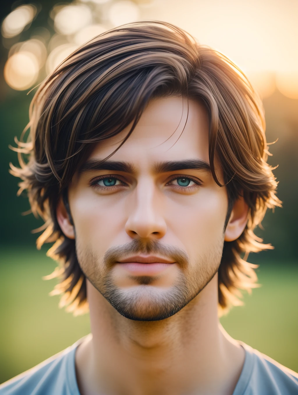 A realistic, insanely handsome happy bohemian man, short windy hair, full length, highly detailed face, nature background at sunrise, detailed body, highly detailed, soft colors, porcelain skin, elegant, golden ratio, light brown hair, short windy hair, extremely handsome detailed eyes, bright colors, rainbow hair, giving a sense of isolation and introspection, backlighting, hasselblad helios 44-2 58mm F2