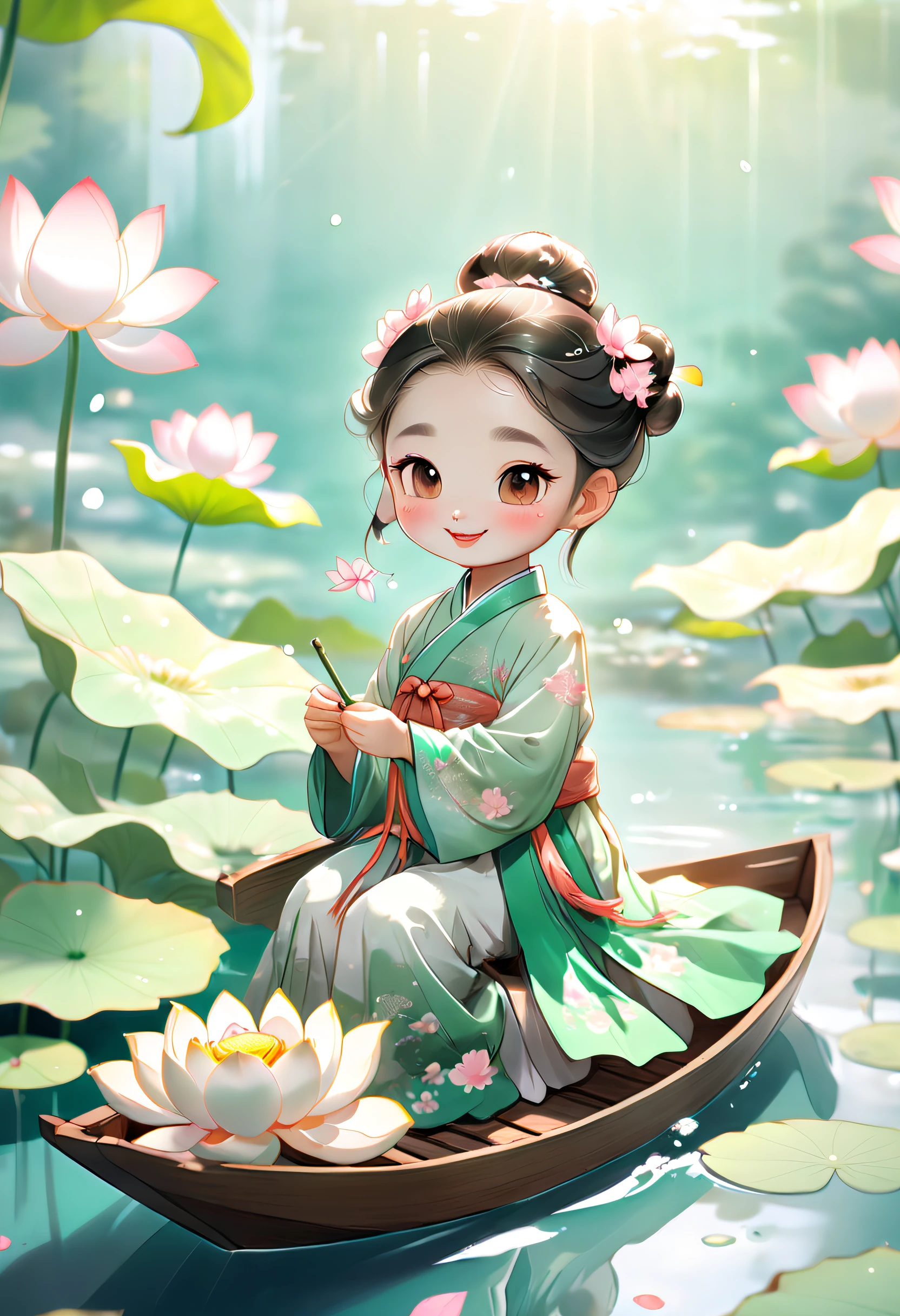 Cartoon rendering action poster， A smiling  Chinese girl ,Dressed in elegant Chinese Hanfu， Sitting on a wooden boat, Surrounded by summer lotus flowers, Lotus leaves，Ripples in the water Lotus in the foreground，There are carp swimming in the river ,Bright light,greenish tinge,Abstract picture,surrealism,Clear background,clear contour light,Edge light,fantasy, Intricate details, Beautiful color grading, illusory engine, Cinematic, Color grading,editorial photography, Photography, photoshoot, Shot on 70mm lense, Depth of field,degrees of freedom, Tilt Blur, Shutter speed 1/ 1000, f/ 22, White balance,rendering by octane, blender, hyper qualit, Ultra HD, 8K