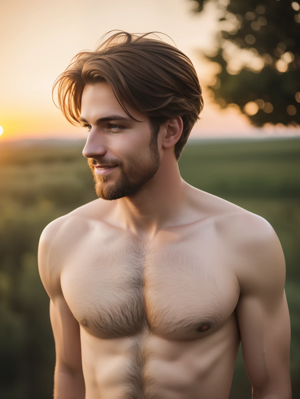 A realistic, insanely handsome happy bohemian man, short windy hair, full length, highly detailed face, nature background at sunrise, detailed body, highly detailed, soft colors, porcelain skin, elegant, golden ratio, light brown hair, short windy hair, extremely handsome detailed eyes, bright colors, rainbow hair, giving a sense of isolation and introspection, backlighting, hasselblad helios 44-2 58mm F2