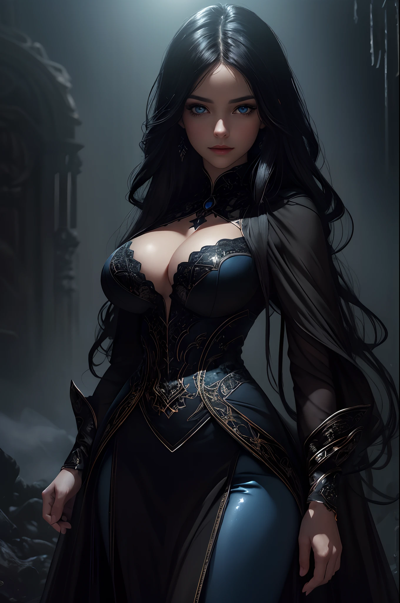 (photorealism, best quality, high details, high-resolution:1.2, masterpiece, 4K), (dark fantasy illustration:1.3), portrait of beautiful woman, ((surrounded by black fog coming form all directions)), woman with simple black hair, hair without ornaments, black colored robes, beautiful face, hourglass body, blue eyes, ((blue glowing eyes)), elegant, intricate , hourglass figure, (finely detailed beautiful eyes: 1.2), ((huge breasts)), perfect body, looking at viewer, enchanting gaze, 1gril, full body portrait, cinematic lighting, darkness, dark scene, ((dim light)), mute lighting, super detailed, ultrarealistic, digital photography