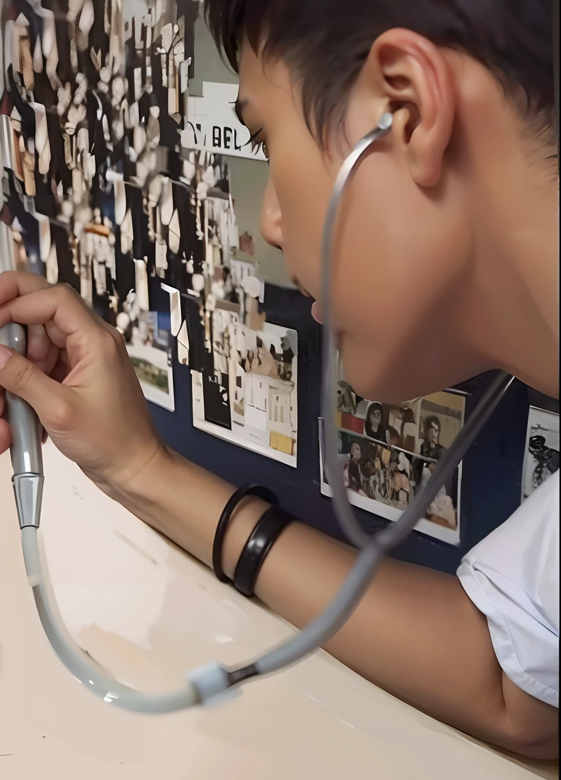 Boy using stethoscope on the wall