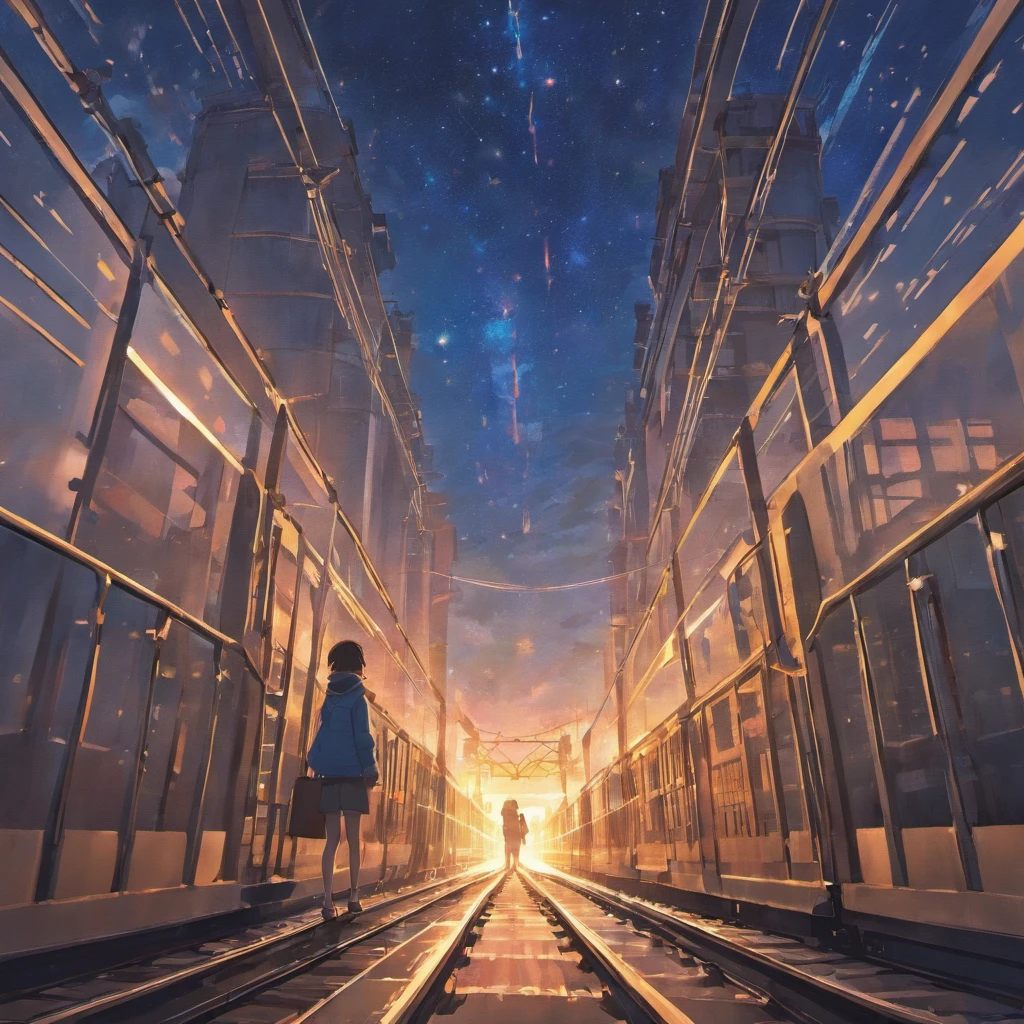 Masterpiece, Anime train passing through bodies of water on tracks, Bright starry sky. Romantic train, Makoto Shinkai's picture, Pisif, concept-art, Lofi art style, Reflection. By Makoto Shinkai, Lofi art, beautiful anime scenes, Anime landscape, Detailed scenery —width 672, in the style of makoto shinkai, Makoto Shinkai's style, Enhanced detail.