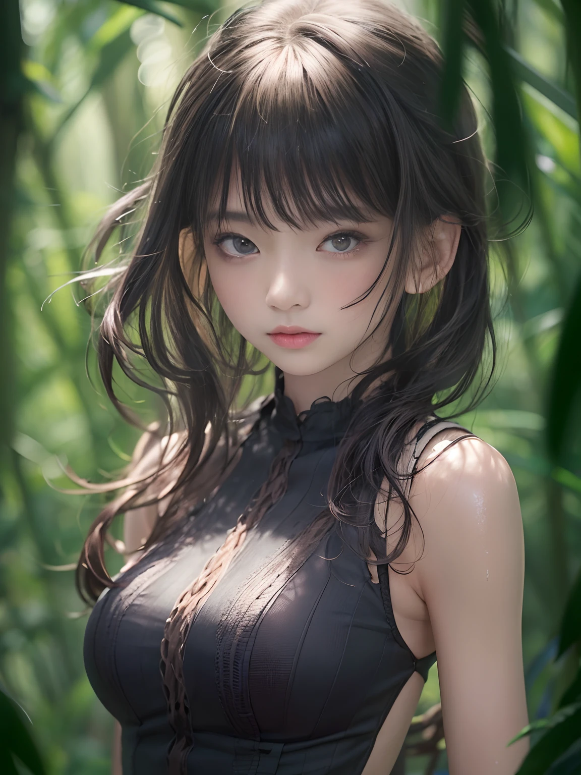 Beautiful Japan woman, nice perfect face with soft skin, small face with nose and rose-like lips, beautiful eyes, beautiful smile. Black thin long beautiful hair bathed in a vivid etheric glow, facing front in the center, extreme close-up shot, navy short top with wide apple green pants, bright colorful background, photorealistic, masterpiece, highest quality, super detail, HDR, 8K
