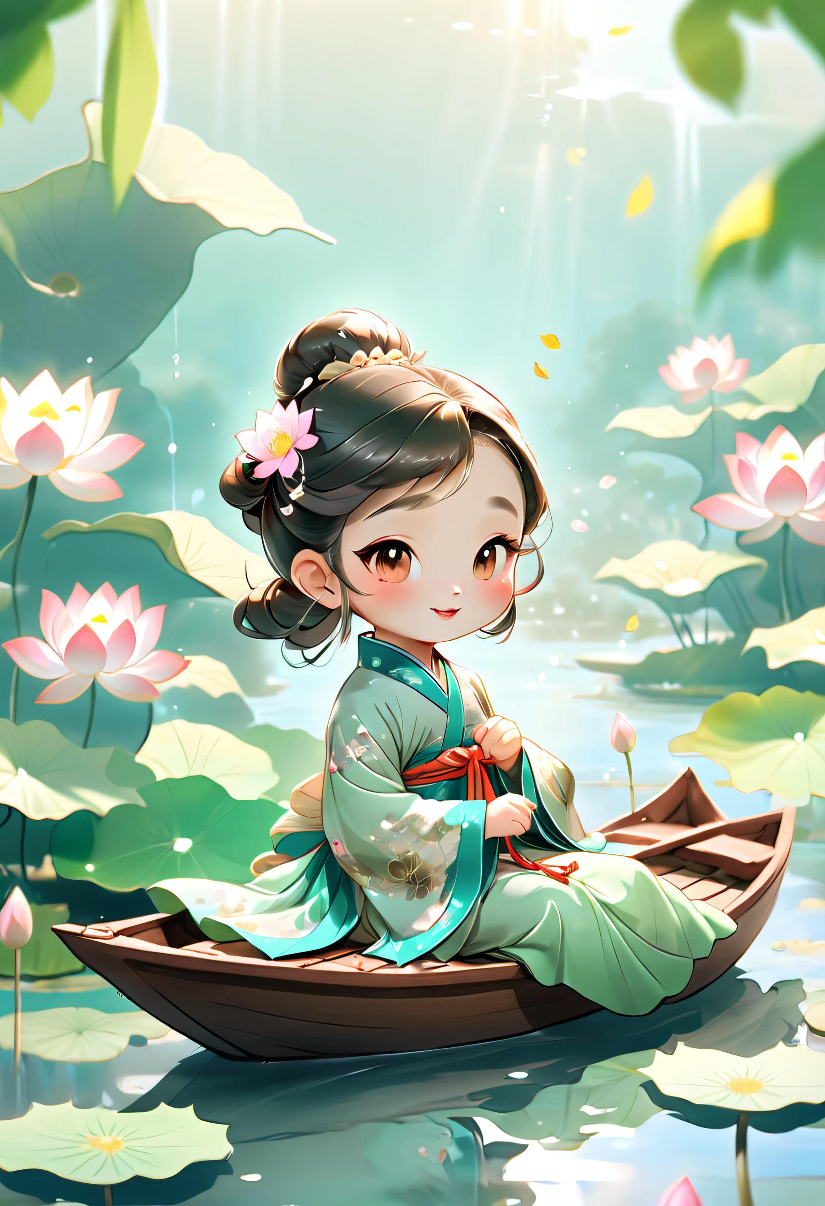 Cartoon rendering action poster， A smiling little Chinese girl ,Dressed in elegant Chinese Hanfu， Sitting on a wooden boat, Surrounded by summer lotus flowers, Lotus leaves，Ripples in the water Lotus in the foreground，There are carp swimming in the river ,Bright light,greenish tinge,Abstract picture,surrealism,Clear background,clear contour light,Edge light,fantasy, Intricate details, Beautiful color grading, illusory engine, Cinematic, Color grading,editorial photography, Photography, photoshoot, Shot on 70mm lense, Depth of field,degrees of freedom, Tilt Blur, Shutter speed 1/ 1000, f/ 22, White balance,rendering by octane, blender, hyper qualit, Ultra HD, 8K