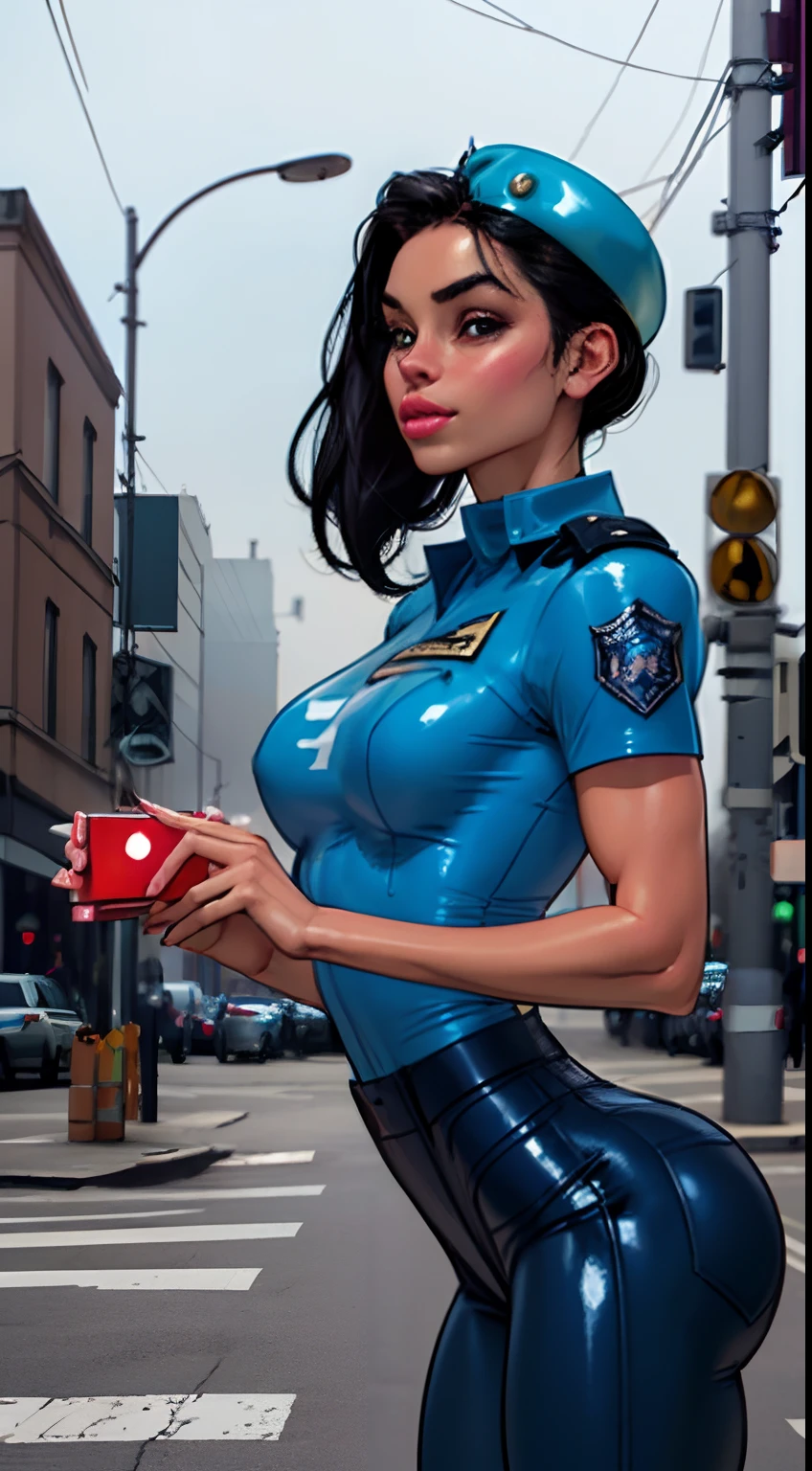(Cowboy shot:1.5) 1 Same Girl , Perfect Beautiful , mature Face , ((korean woman)), Korean 18 Years Old , ((large hair bun:1.4)) , ((police officer outfit)), ((police cap:1.5)),Athletic Body , ((small breasts:1.5)) Extreme Detailed Portrait With Bokeh Effect , Realistic Lighting ,(latex pants)Night Street View , Dark Vibe , (petite body:1.7) streets , Gothic Makeup , Posing Like a Model , Look at Viewer, ((puffy lips:1.3)), cool lighting, blue street lamp light((sunset ambiance light:0.8))