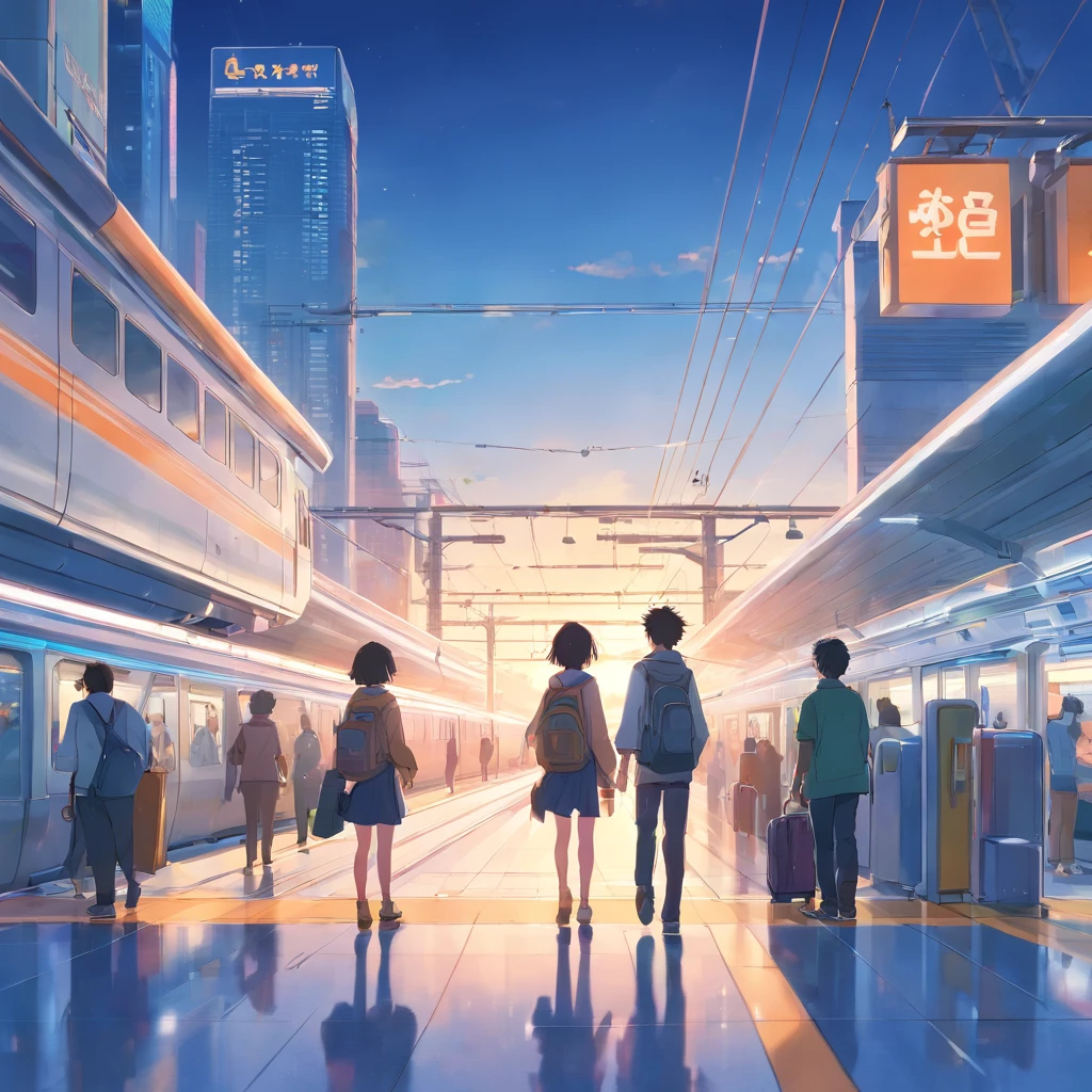 Skytrain station,1girl 2boys,High hanging tracks,Futuristic style trains,City skyline background,People are busy,(Light track:0.8)。