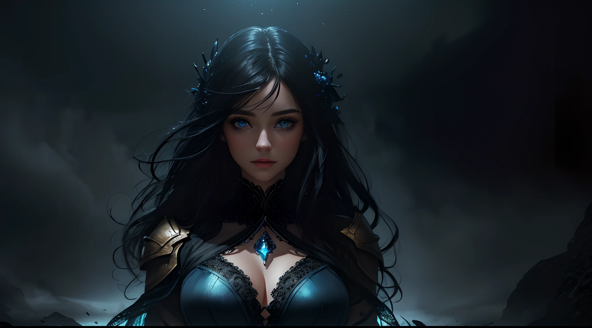 (photorealism, best quality, high details, high-resolution:1.2, masterpiece, 4K), (dark fantasy illustration:1.3), portrait of beautiful woman, ((surrounded by black fog coming form all directions)), woman with simple black hair, hair without ornaments, black colored robes, beautiful face, hourglass body, blue eyes, ((blue glowing eyes)), elegant, intricate , hourglass figure, (finely detailed beautiful eyes: 1.2), ((huge breasts)), perfect body, looking at viewer, enchanting gaze, 1gril, full body portrait, cinematic lighting, darkness, dark scene, ((dim light)), mute lighting, super detailed, ultrarealistic, digital photography