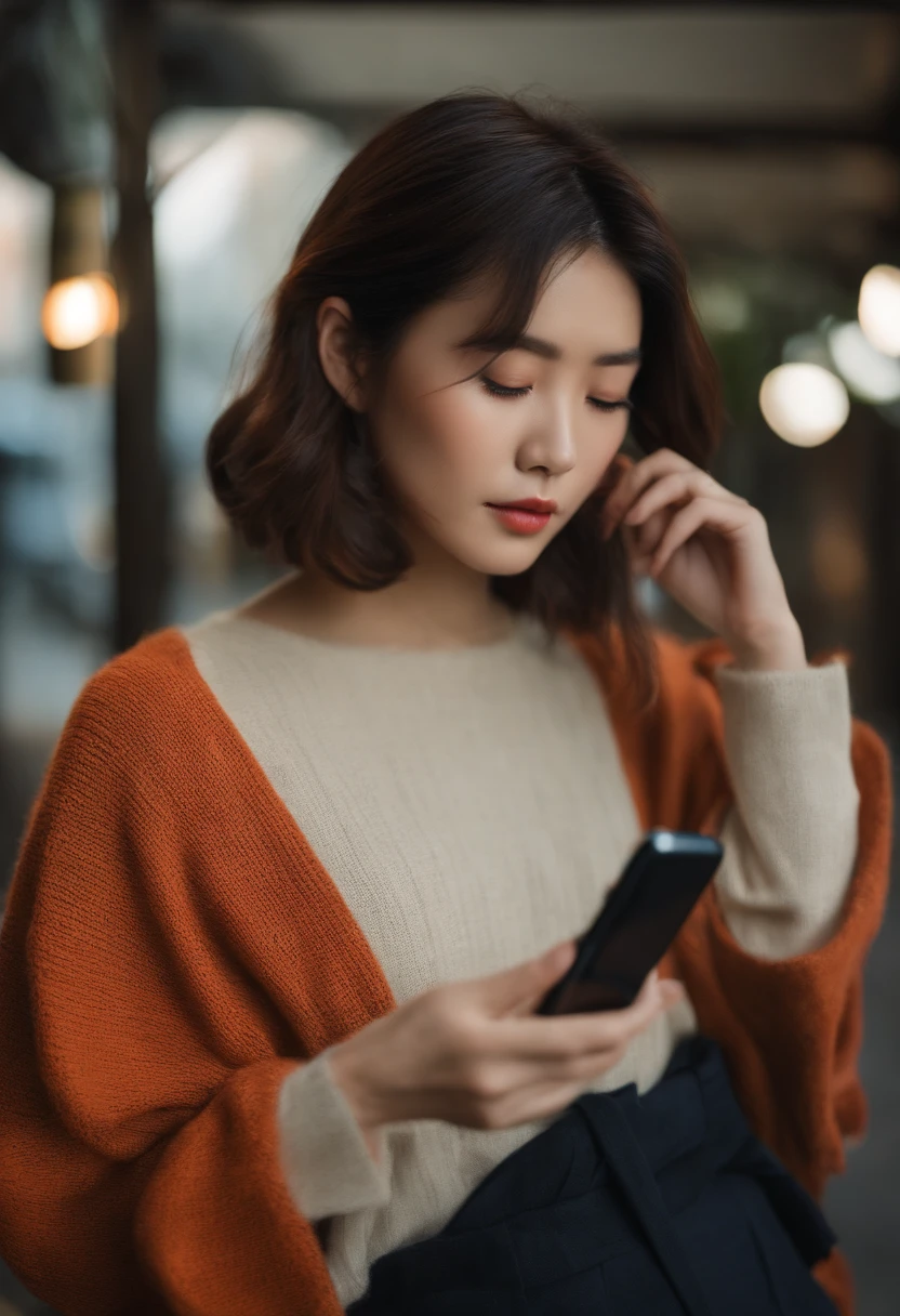 japanes in her 20s femele Holding a smartphone Bob Hair Sweaters