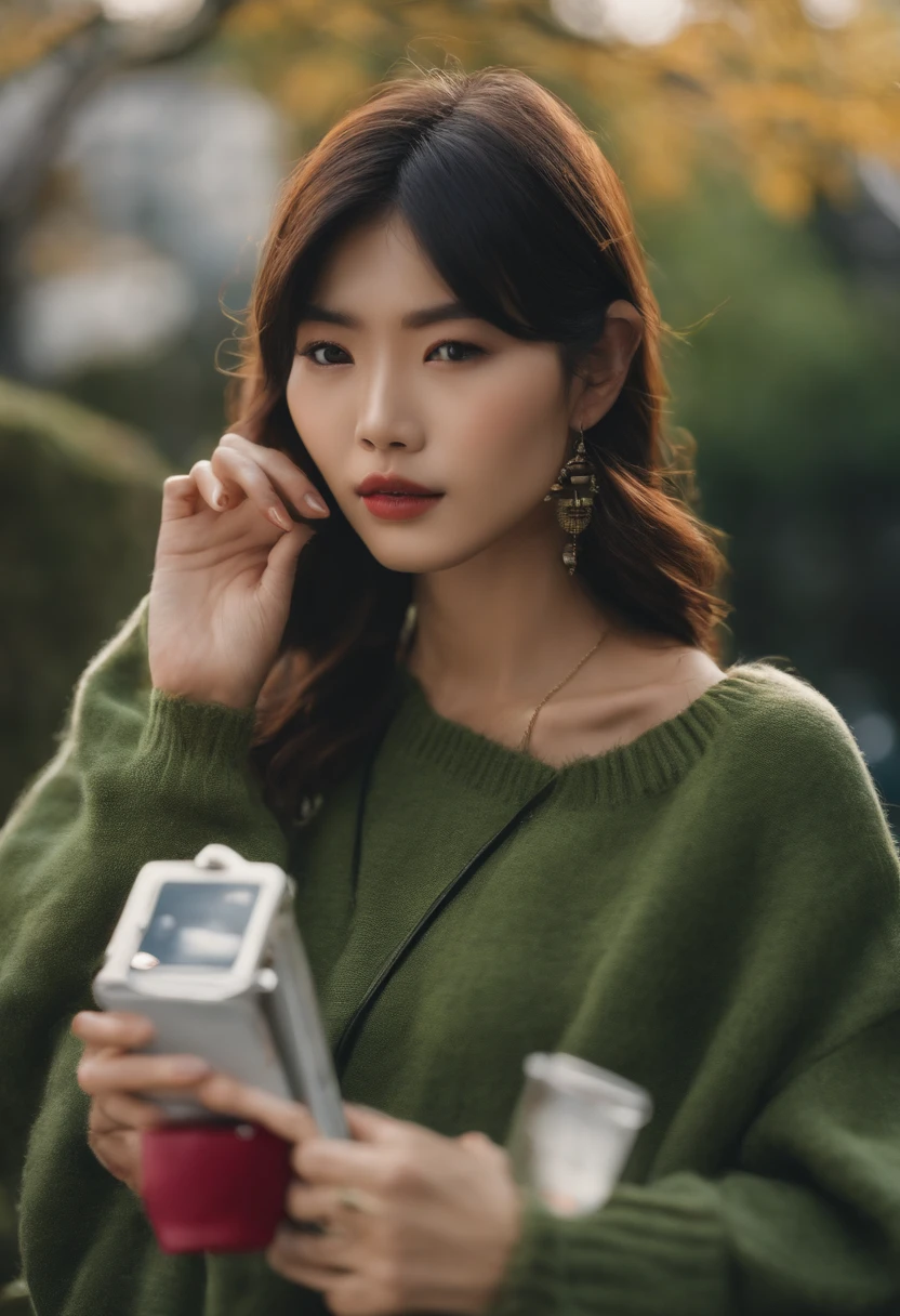 japanes in her 20s femele Holding a smartphone Bob Hair Sweaters