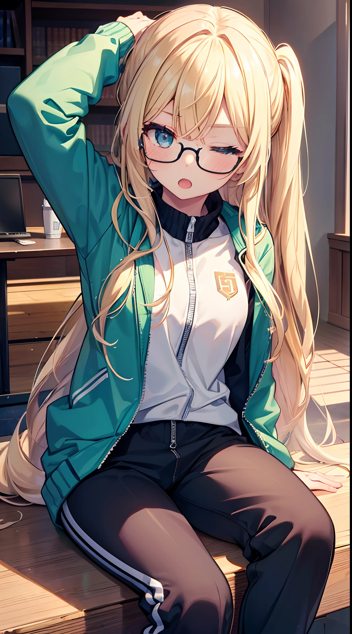 ph_eriri, 1girl, long hair, blonde hair, blue eyes, glasses, jacket, track jacket, green jacket, sawamura spencer eriri, black-framed eyewear, solo, bangs, open mouth, sitting, long sleeves, track suit, pants, very long hair, straight hair, arms up, one eye closed, (masterpiece:1.6, best quality), (finely detailed beautiful eyes: 1.2),
, (masterpiece:1.6, best quality), (finely detailed beautiful eyes: 1.2),