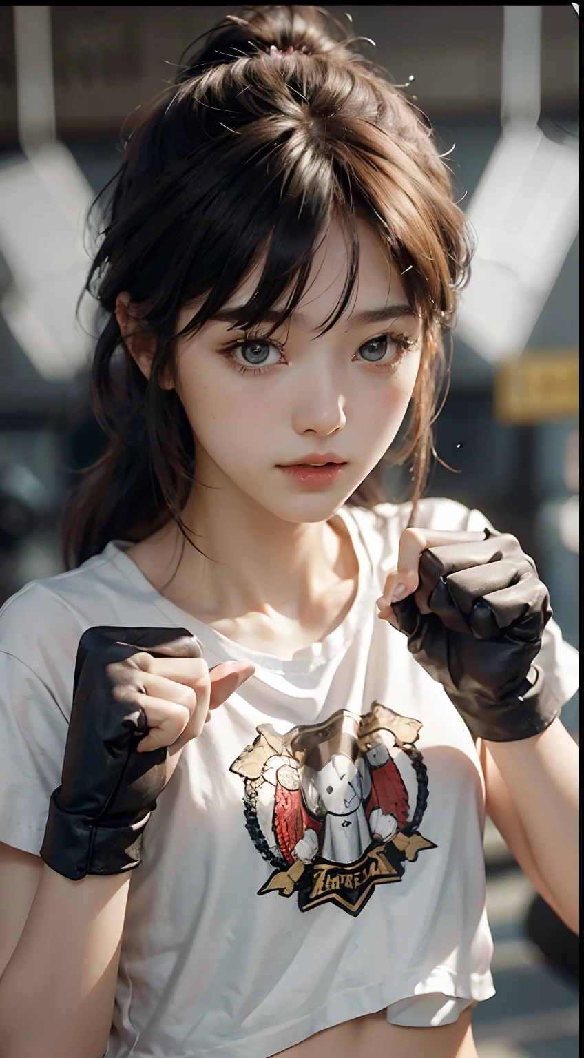masterpiece, top quality, (realistic, photorealistic: 1.4), (RAW photo: 1.2), very elaborate CG Unity 8K wallpaper, very delicate and beautiful, wonderful, attention to detail, official art, absurdity, incredibly ridiculous, huge file size, very fine, very elaborate, beautiful eyes and face, beautiful elaborate eyes, light on the face, one girl, Long Hair, (Pom) Navel, Upper Body, PE uniform Short Sleeved navel-baring T-Shirt, Boxing Gloves, Bare Arms, Bangs, Boxing Gym, Boxing Ring, ULZZANG-6500-v1.1