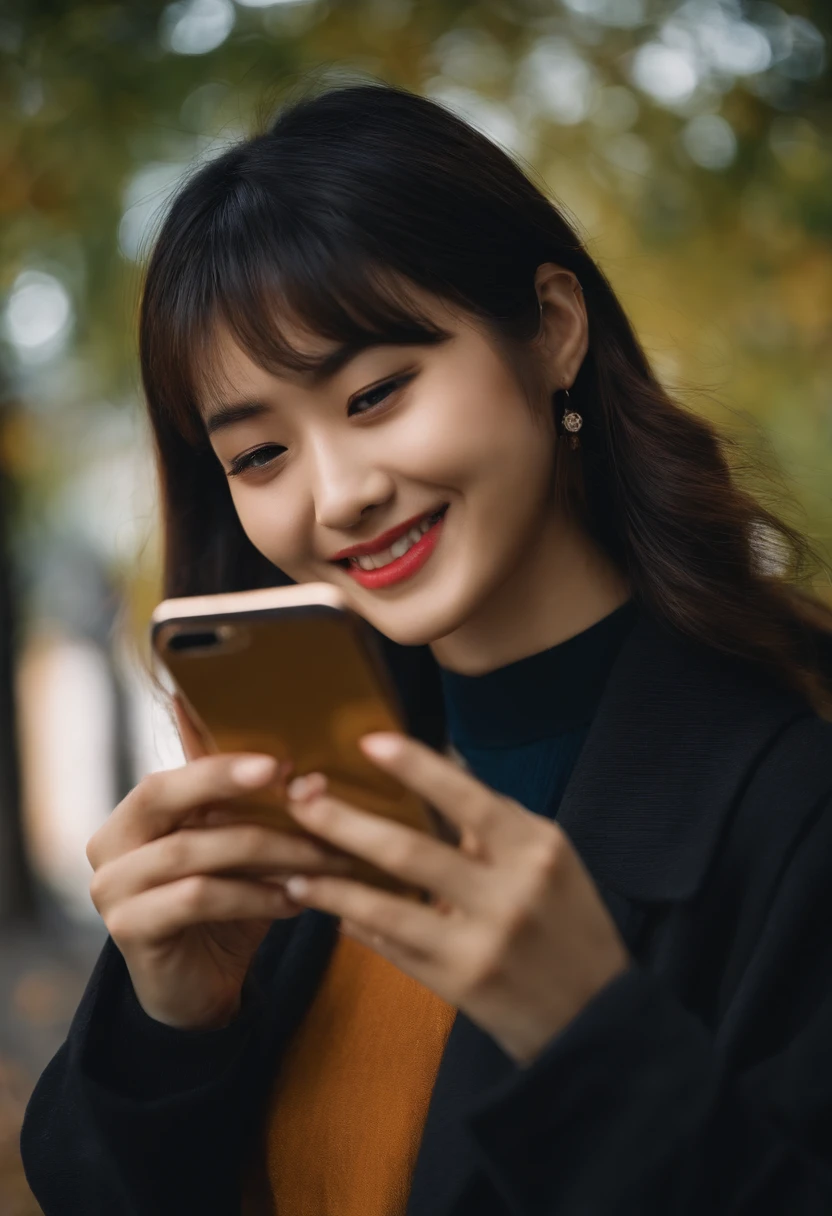 japanes in her 20s femele Holding a smartphone Bob Hair Autumn clothes a smile
