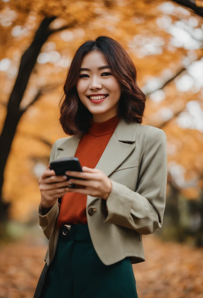 japanes　in her 20s　femele　Holding a smartphone　Bob Hair　Autumn clothes　a smile