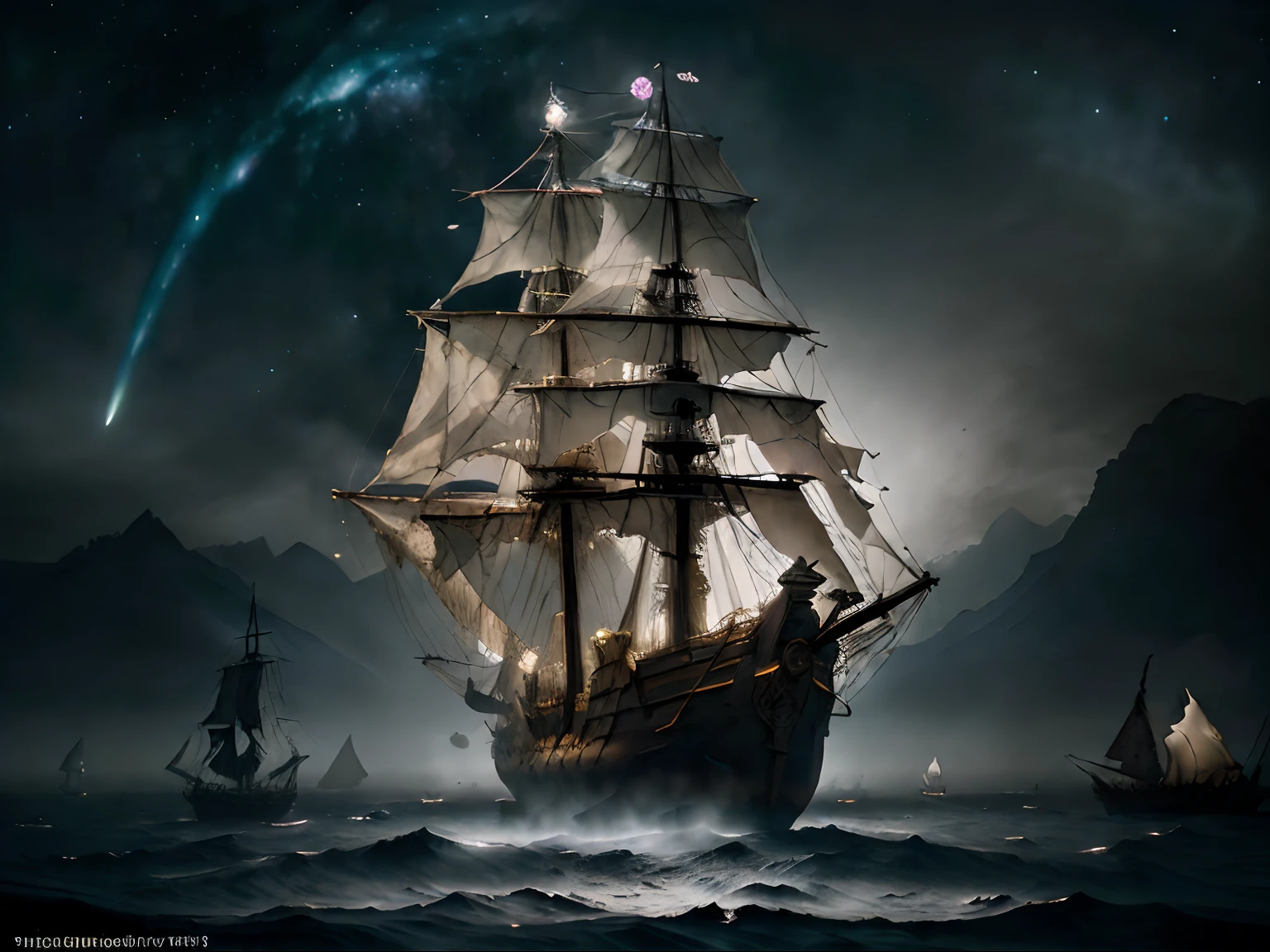 In an ethereal lunar galaxy, a ghostly galleon sails through the vast darkness, its aged wooden hull adorned with spectral carvings and glowing symbols. The ship, a central focus of a haunting cartoon artwork, captures the mysterious nature of the cosmos. The image, created with intricate brush strokes on a canvas, showcases the ship's intricate details, from its towering masts wrapped in eerie fog to the flickering lanterns casting an otherworldly glow. The galleon's timeworn sails, tattered and torn, dance gracefully with the cosmic winds, making the entire scene a captivating testament to the artist's skill and imagination.