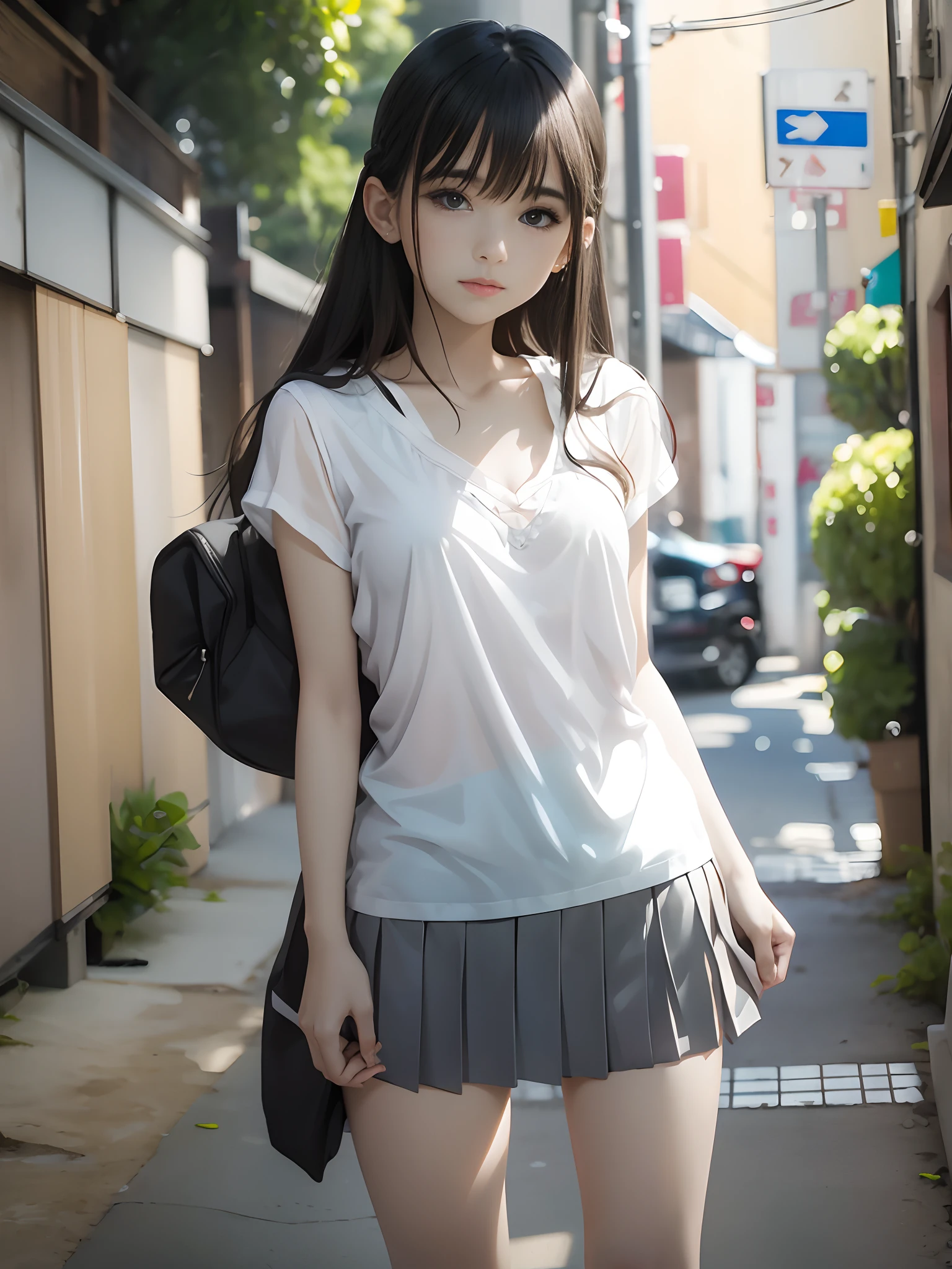 ulzzang -6500-v1.1, (Raw photo:1.2), (Photorealsitic), (See-through:1.3), (Real: 1.4), extremely detailed cute girl、NSFW, High School Girl Japan age Girl、((taken from the under:1.3))、Wear small panties、School uniform、(Skirt lift:1.4)、(Bottomless)、red blush、cparted lips、looking at the viewers、half body photo、(Large crowds)、(Crowded alleys)、Hair above one eye、 beautiful supermodel、pubick hair、