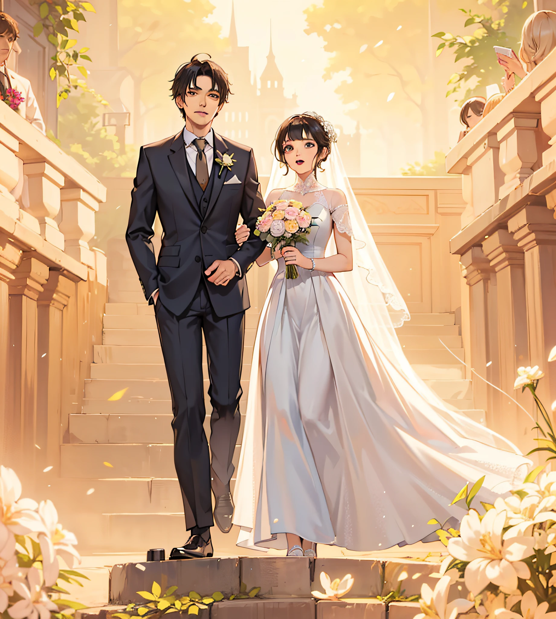 A man in a black suit leads a woman in a wedding dress,At the wedding site,Main stage,A high resolution,4K