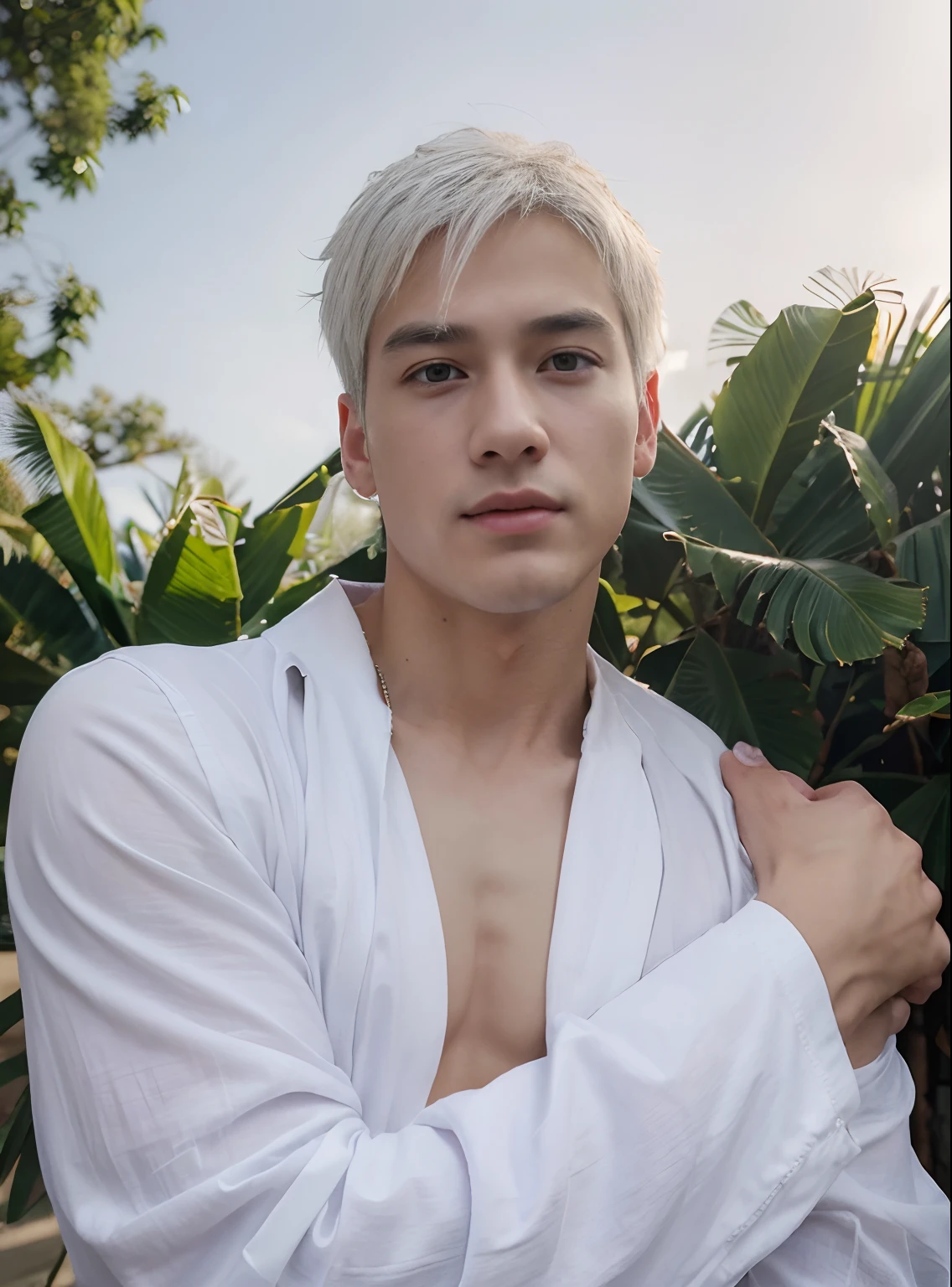 (absurderes、hight resolution、ultra-detailliert、nffsw)、masterpiece、top-quality、Male child、独奏、a handsome、shorth hair、white hair、finely eye and detailed face、Casual clothing、Real Shadows、Joy、Connecting ears、The upper part of the body、Blur the background、3d