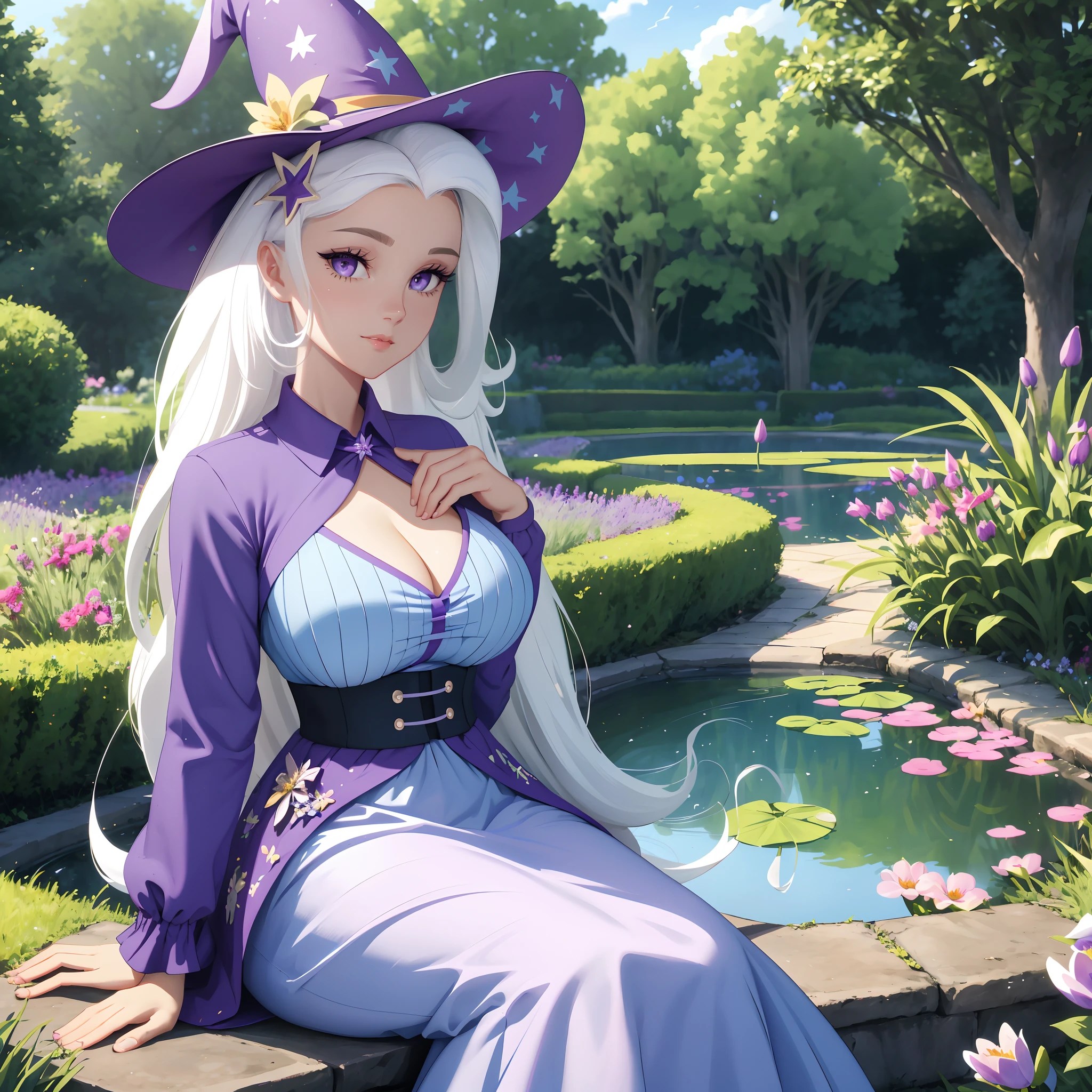 Trixie lulamoon , trixie lulamoon from my little pony, trixie lulamoon in the form of a girl, big breasts, lush breasts, voluminous breasts, firm breast, detailed hands, white long hair, in a garden, white and blue flowers, solo, one character, blue and purple dress, long sleeves, thin, purple eyes, gentle smile, beautiful detailed garden, under a trees, sitting on grass, lavender flowers every, witch hat, ponds with flowers on it, beautiful pond, lily pads, lilac flowers everywhere, extremely long hair