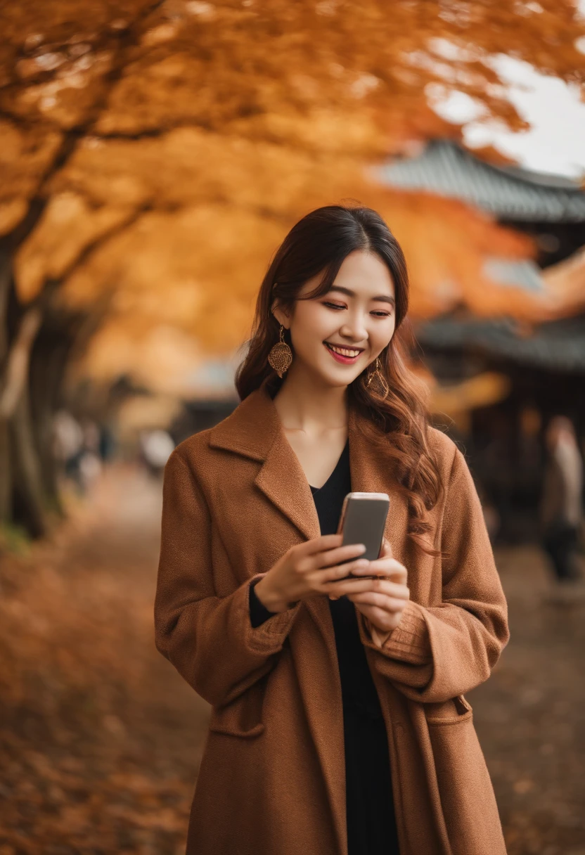 japanes　in her 20s　femele　Holding a smartphone　Longhaire　Autumn clothes　a smile