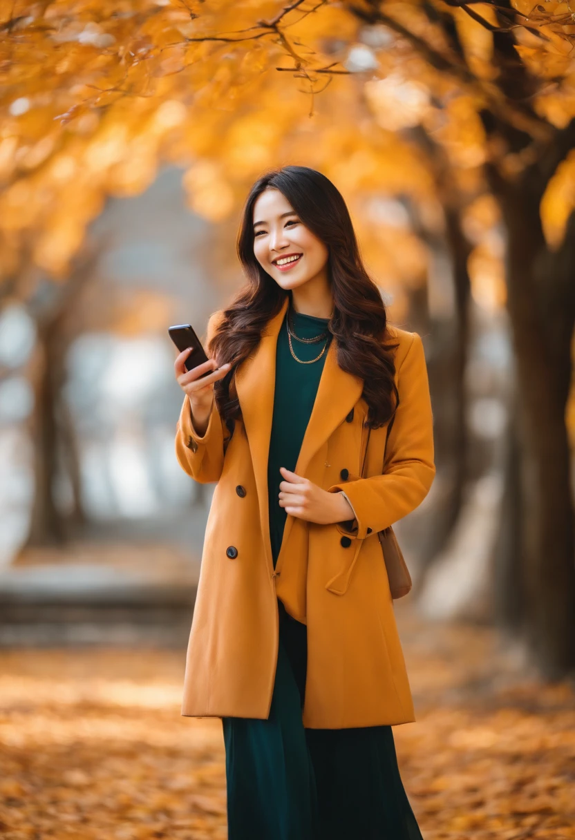 japanes　in her 20s　femele　Holding a smartphone　Longhaire　Autumn clothes　a smile