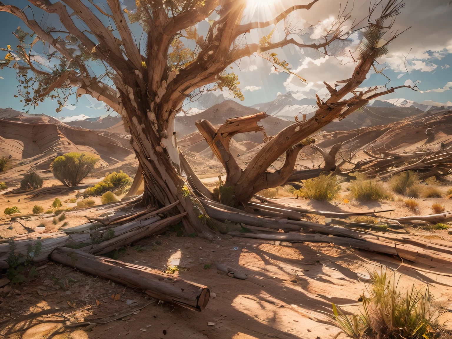 "(Ultra-detailed CG unity 8k wallpaper, Masterpiece, Best quality, Depth of field, hdr, Intricate), (by Greg Rutkowski: 1.2), Wind Ranch, Arid land, Medieval fantasy ranch, An atmosphere of despair, Dynamic angles, Arid pastures, The terrifying atmosphere of an arid pasture, Dead branches and dead wood,Western cowboy style ranch, The sun shines through dead wood on the arid land,, Desperate arid landscape, ventania."pastures