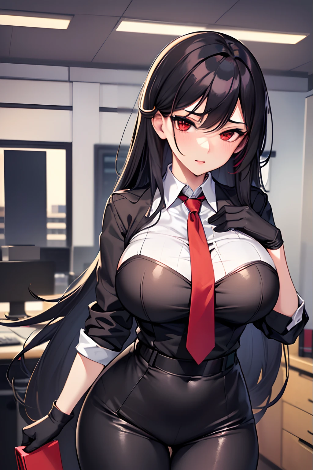 (best-Quality, 8K, 12), 1 girl, long hair, black hair with red on the inside, giant breast, the perfect body, ultra detail face, detailed lips, Slender Eyes, office work uniform, standing, enticing, Excited, in heat, Milf, Sex, trembling, Looking Up, boss, tsundere look, red eyes color,