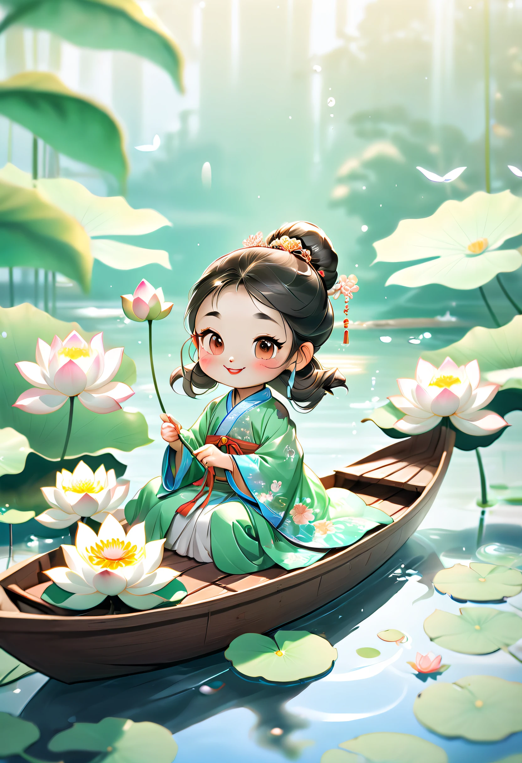 Cartoon rendering action poster， A smiling little Chinese girl ,Dressed in elegant Chinese Hanfu， Sitting on a wooden boat, Surrounded by summer lotus flowers, Lotus leaves，Ripples in the water Lotus in the foreground，There are carp swimming in the river ,Bright light,greenish tinge,Abstract picture,surrealism,Clear background,clear contour light,Edge light,fantasy, Intricate details, Beautiful color grading, illusory engine, Cinematic, Color grading,editorial photography, Photography, photoshoot, Shot on 70mm lense, Depth of field,degrees of freedom, Tilt Blur, Shutter speed 1/ 1000, f/ 22, White balance,rendering by octane, blender, hyper qualit, Ultra HD, 8K