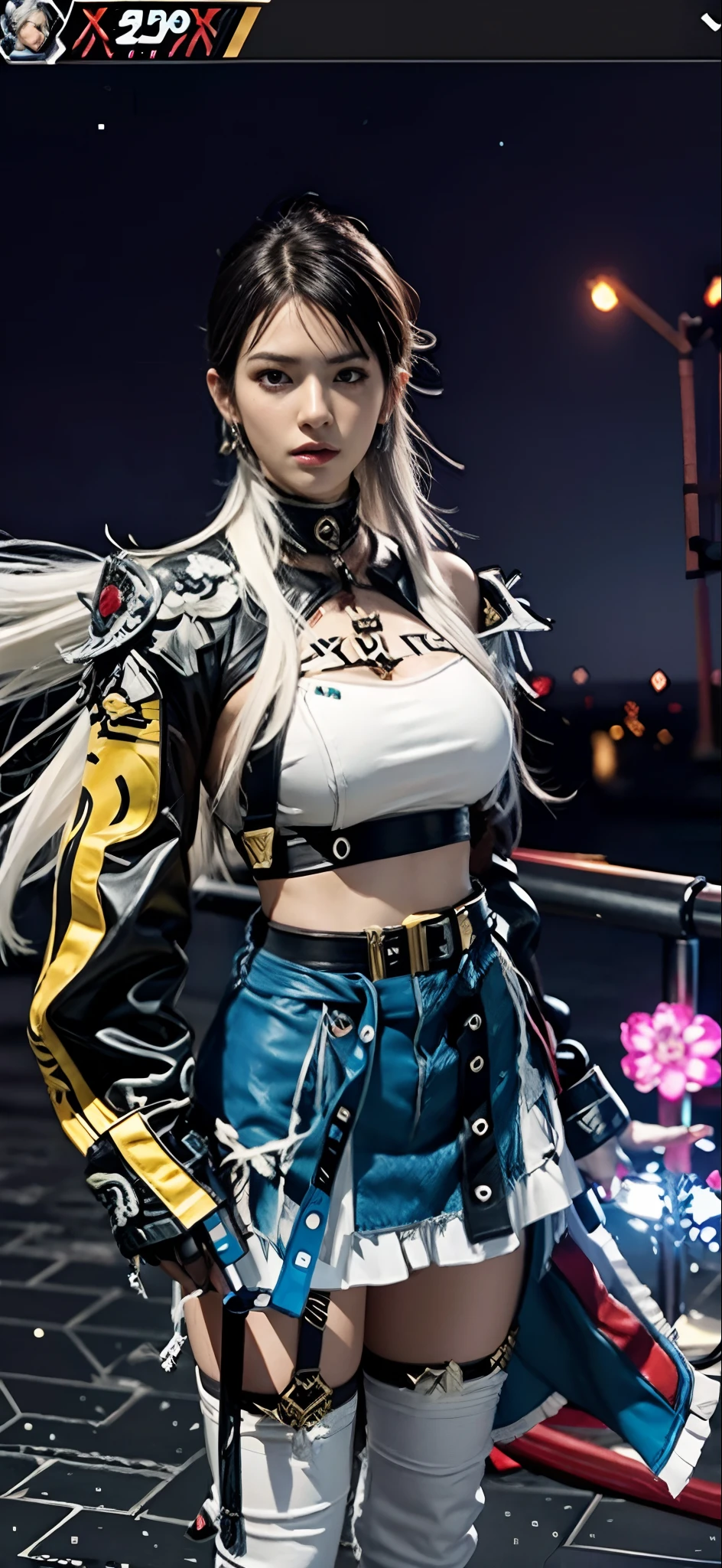 a close up of a person in a costume with a sword, as a character in tekken, female character, tifa lockhart with white hair, katana zero video game character, lunar themed attire, kda, slim body, cyborg - girl with silver hair, upper body avatar, (( medium breast;1.2)), fashion gameplay screenshot, fighting game character, new character, floralpunk elysian maiden, sigma female