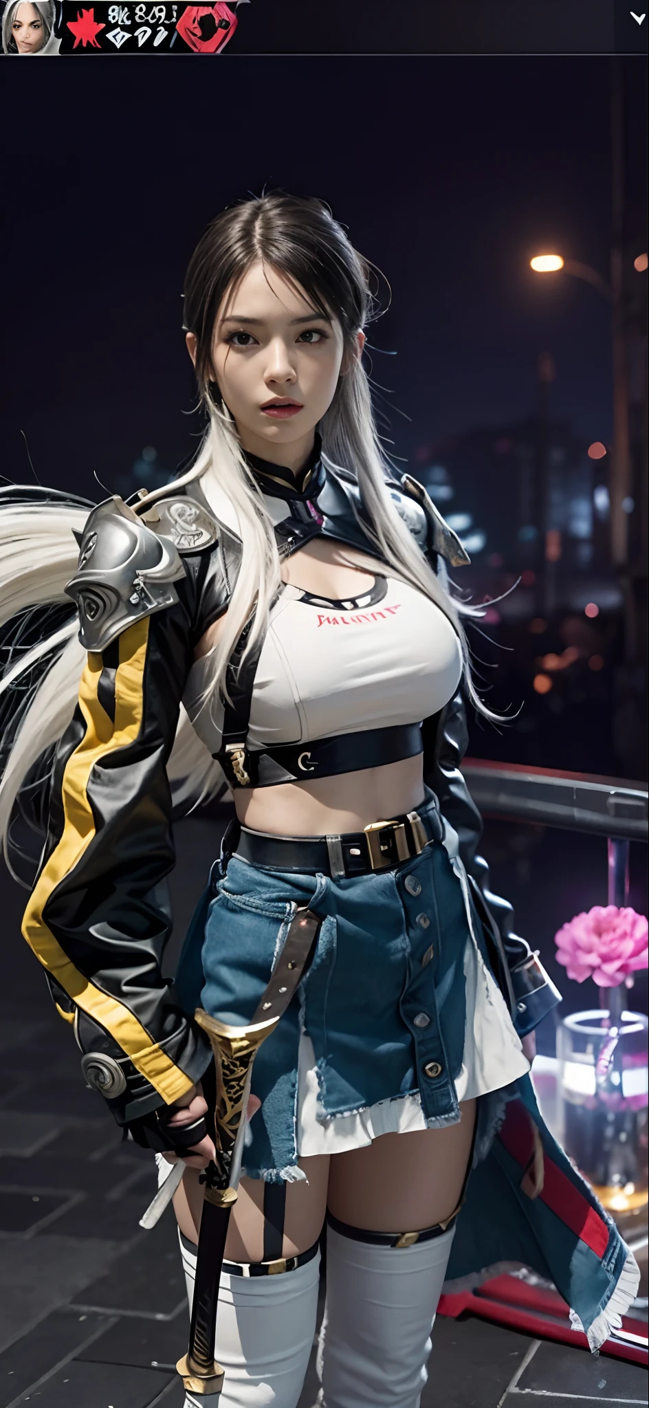 a close up of a person in a costume with a sword, as a character in tekken, female character, tifa lockhart with white hair, katana zero video game character, lunar themed attire, kda, slim body, cyborg - girl with silver hair, upper body avatar, (( medium breast;1.2)), fashion gameplay screenshot, fighting game character, new character, floralpunk elysian maiden, sigma female
