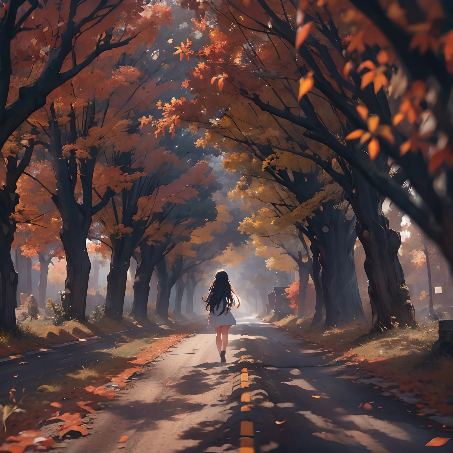 Long road , wide angle , girl in the distant flying,  strong wind , noon , low light , leaves in the air , 4k , great details,  masterpiece  , trees .