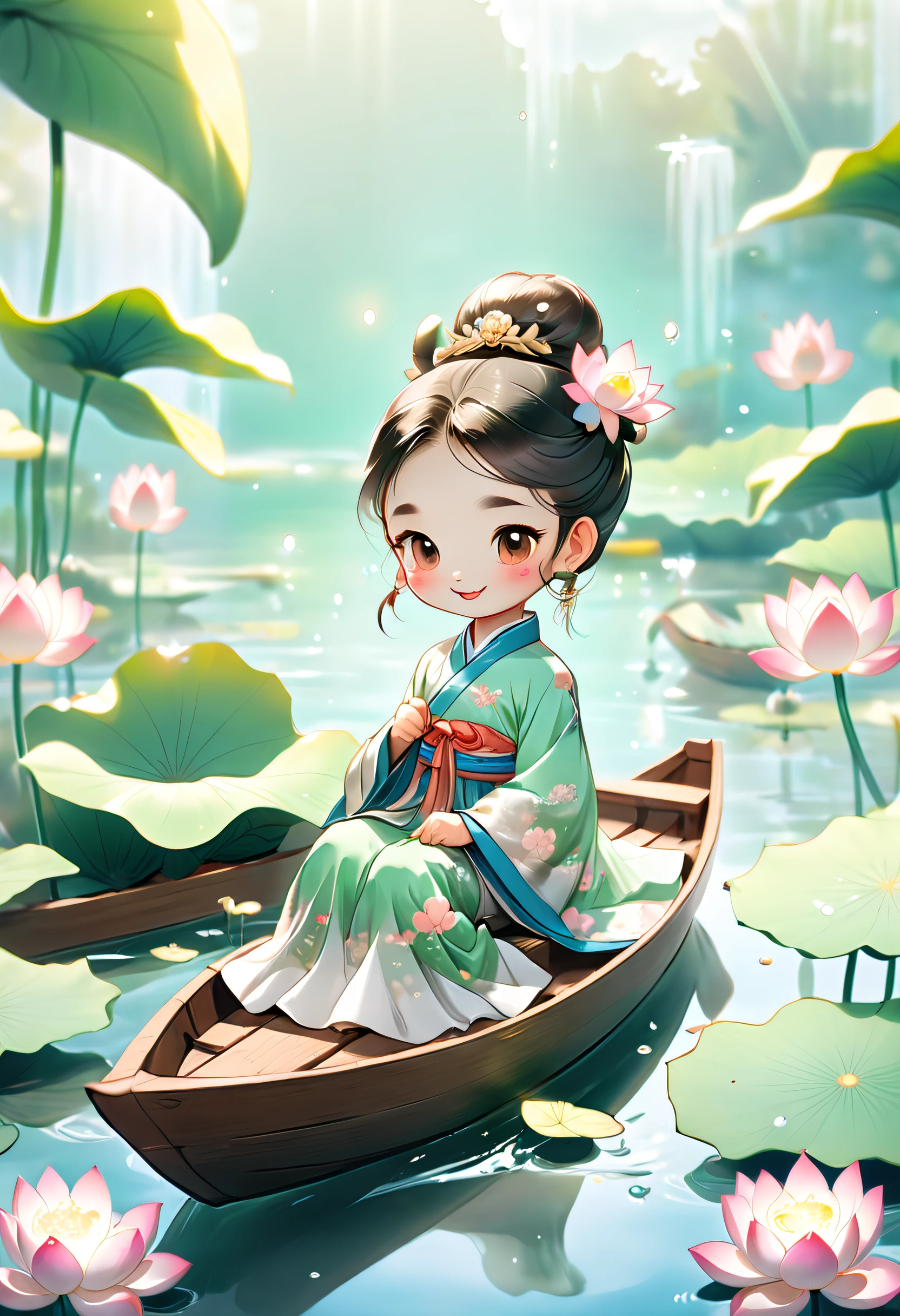 Cartoon rendering action poster， A smiling little Chinese girl ,Dressed in elegant Chinese Hanfu， Sitting on a wooden boat, Surrounded by summer lotus flowers, Lotus leaves，Ripples in the water Lotus in the foreground，There are carp swimming in the river ,Bright light,greenish tinge,Abstract picture,surrealism,Clear background,clear contour light,Edge light,fantasy, Intricate details, Beautiful color grading, illusory engine, Cinematic, Color grading,editorial photography, Photography, photoshoot, Shot on 70mm lense, Depth of field,degrees of freedom, Tilt Blur, Shutter speed 1/ 1000, f/ 22, White balance,rendering by octane, blender, hyper qualit, Ultra HD, 8K