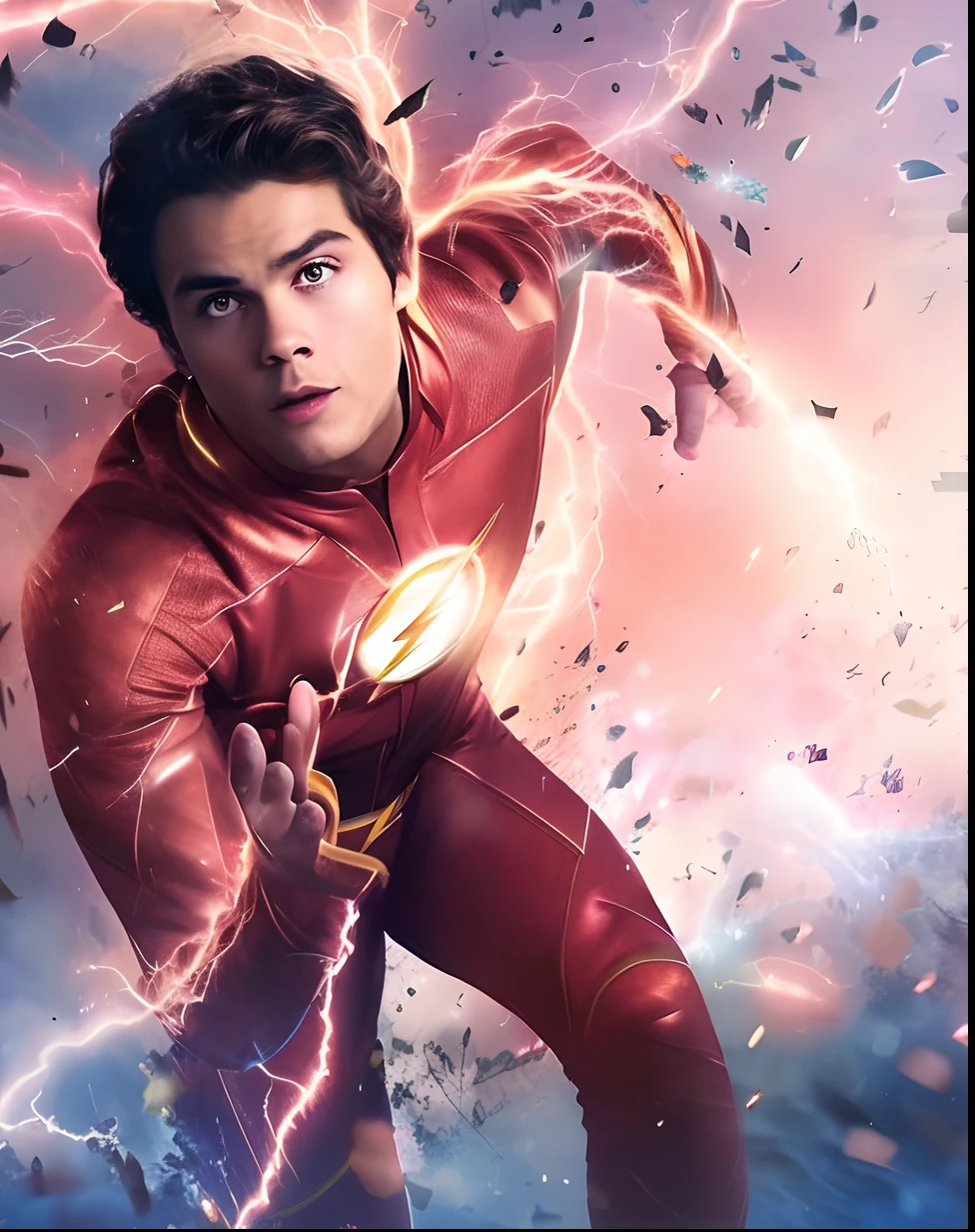 (best quality:1.2),close up of a person in a flashy costume with lightning,The Flash,(realistic:1.37),ultra-detailed,beautiful detailed eyes,beautiful detailed lips,extremely detailed eyes and face,longeyelashes,professional,studio lighting,vivid colors,bokeh,portrait,flashy outfit,lightning bolts,Speedster,Dylan O'Brien as The Flash,promotional image,sudden explosions