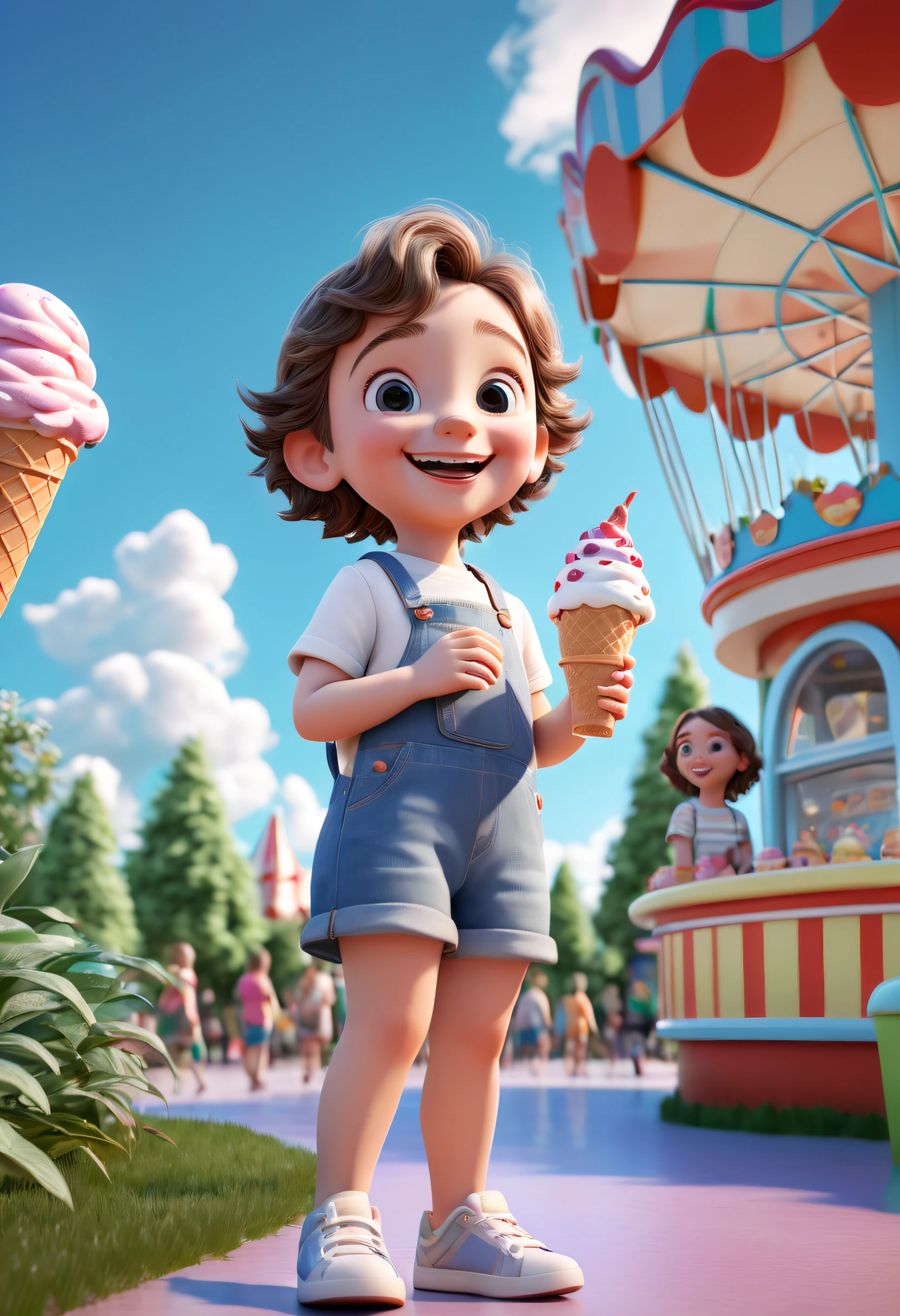 A very real 3D rendering, the main body is a very cute 3D child with a smile, in an amusement park,ice cream in hand， There is an ice cream shop next to it， blue sky, woods, clouds,foreground plants, Wide-Angle View,soft color pastalgradient,fine luster,clay material,Pixar trend,3Dren-der,oc render,beautifully color graded,Unreal Engine, Cinematic, Color Grading, White Balance,octane render, blender, hyper quality, Ultra HD, 8K