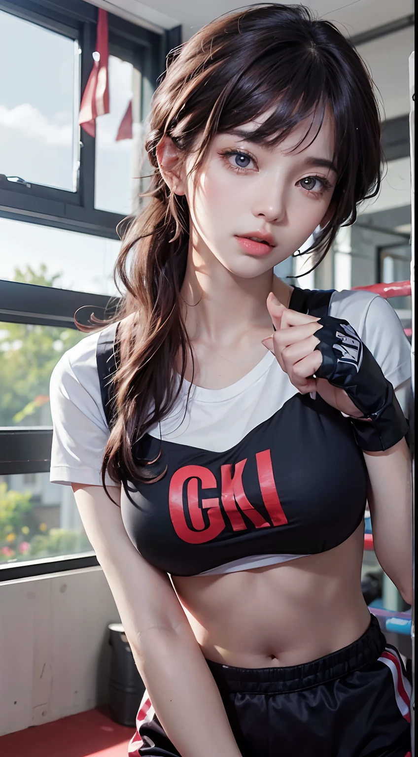 masterpiece, top quality, (realistic, photorealistic: 1.4), (RAW photo: 1.2), very elaborate CG Unity 8K wallpaper, very delicate and beautiful, wonderful, attention to detail, official art, absurdity, incredibly ridiculous, huge file size, very fine, very elaborate, beautiful eyes and face, beautiful elaborate eyes, light on the face, one girl, Long Hair, (Pom) Navel, Upper Body, PE uniform Short Sleeved navel-baring T-Shirt, Boxing Gloves, Bare Arms, Bangs, Boxing Gym, Boxing Ring, ULZZANG-6500-v1.1