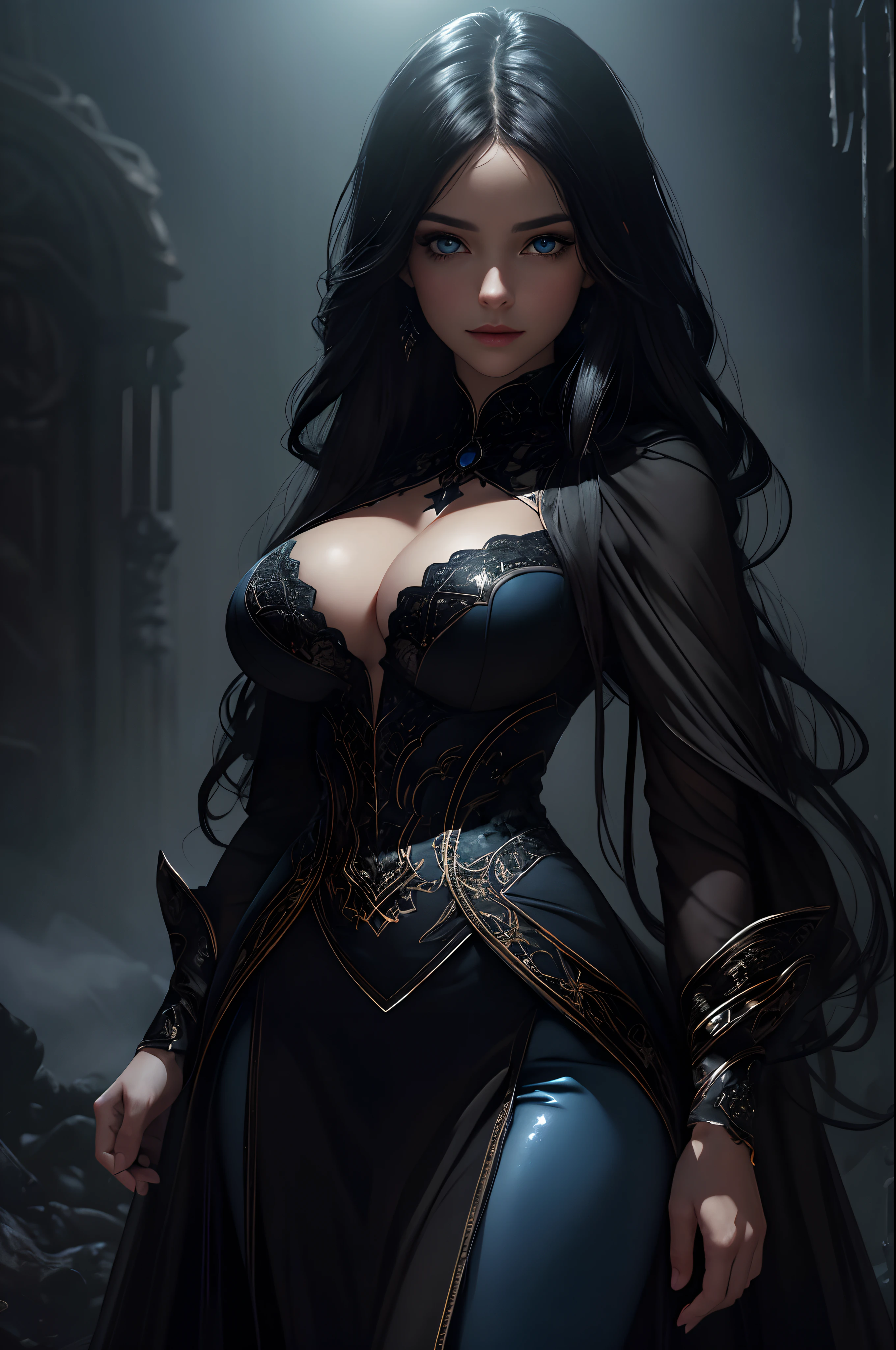 (photorealism, best quality, high details, high-resolution:1.2, masterpiece, 4K), (dark fantasy illustration:1.3), portrait of beautiful woman, ((surrounded by black fog coming form all directions)), woman with simple black hair, hair without ornaments, black colored robes, beautiful face, hourglass body, blue eyes, ((blue glowing eyes)), elegant, intricate , hourglass figure, (finely detailed beautiful eyes: 1.2), ((huge breasts)), perfect body, looking at viewer, enchanting gaze, 1gril, full body portrait, cinematic lighting, darkness, dark scene, ((dim light)), mute lighting, super detailed, ultrarealistic, digital photography