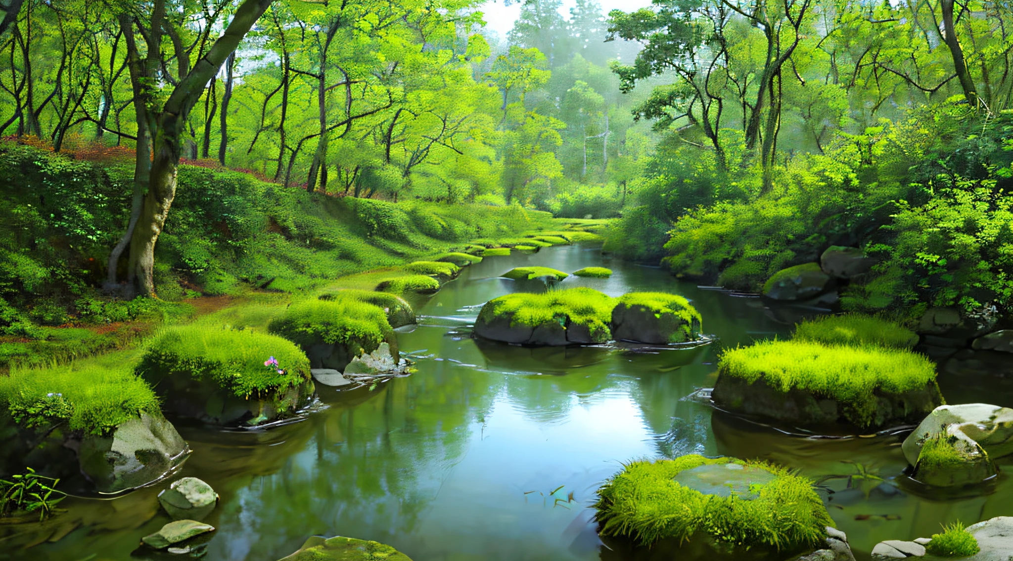 The picture quality is the best, there is no one in the picture, deep in the green forest, frogs leap, ponds are quiet, wildflowers are shining, streams are gurgling, stones are silent, moss is covered.