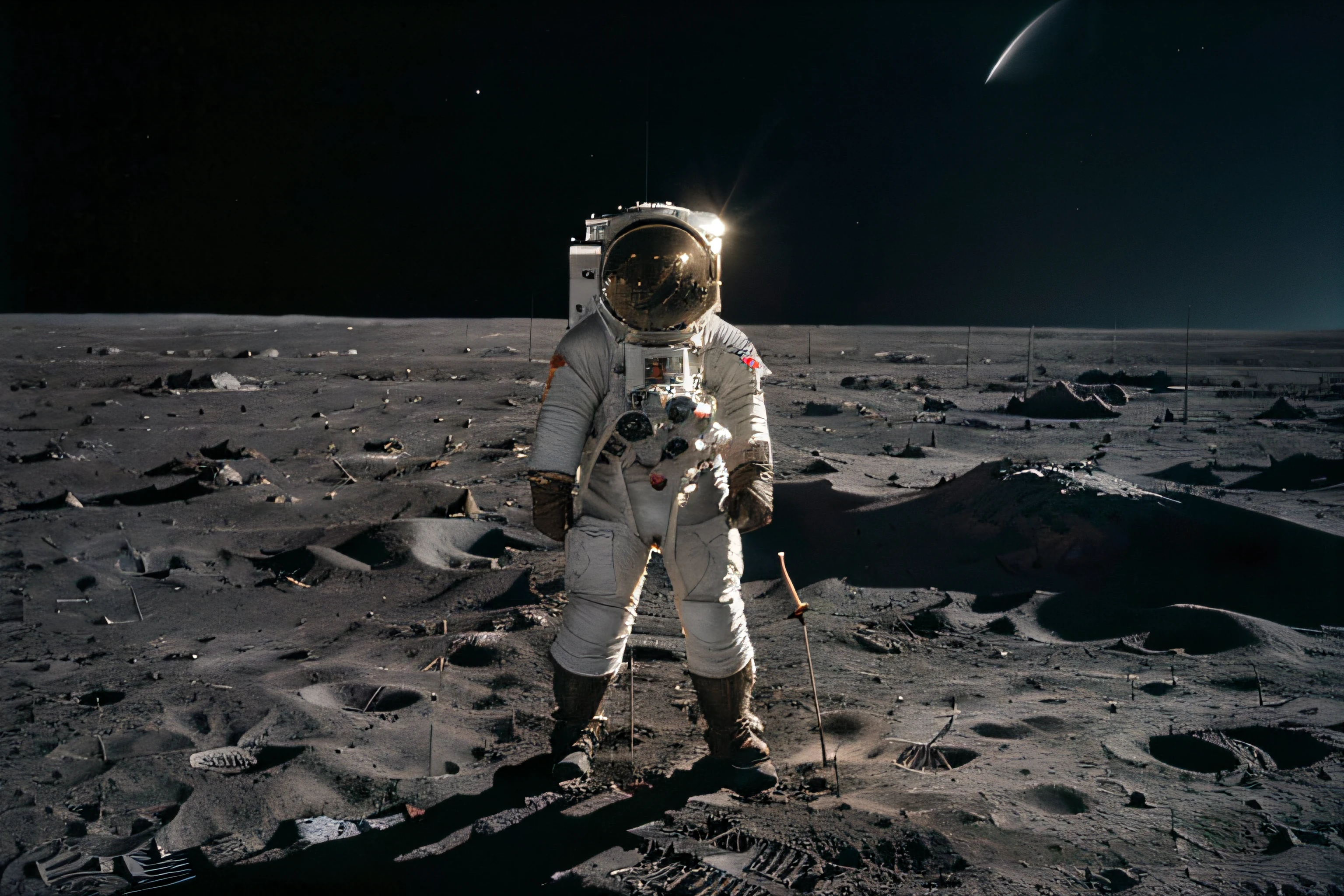 (a detailed illustration:1.1),highres,UHD,(realistic:1.37),dynamic photo,vivid colors,studio lighting,scene on the lunar surface,surface moon texture,craters,deep shadows,in background a Planet earth over the horizon,absolute emptiness, no air, no clouds,Eagle 1969,Apollo 11,lunar module landing,moon surface,(detailed spacesuits:1.1),(Neil Armstrong:Aldrin) ATTENTION: Please make sure to copy and paste the entire prompt (including the tags) for the accurate use.