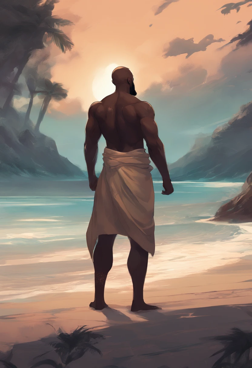 Black man, dark skin, naked, muscular, young, long beard, bald, anime style, sexy, realistic, beach shore, mystic sky