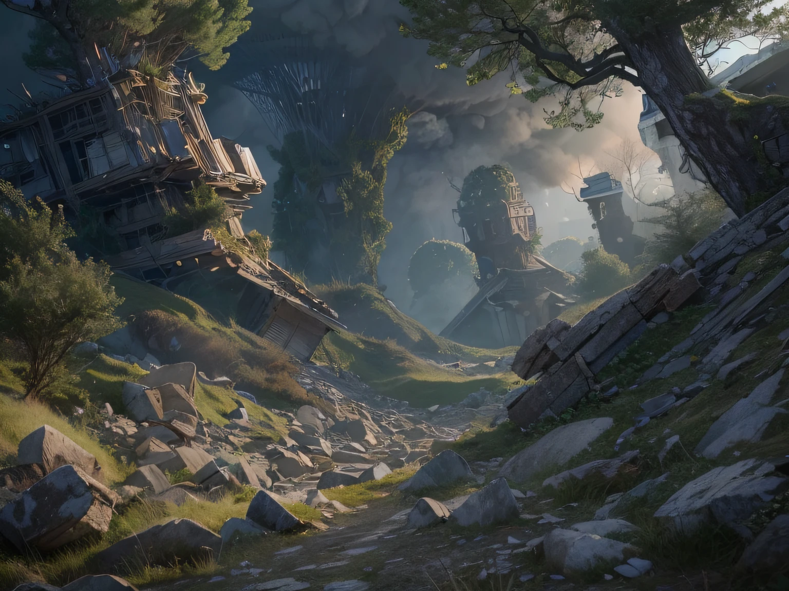 "(Ultra-detailed CG unity 8k wallpaper, Masterpiece, Best quality, Depth of field, hdr, Intricate), (by Greg Rutkowski: 1.2), Forest of the Wind, Earthquake Forest Medieval fantasy forest, An atmosphere of despair, Dynamic angles, Earthquake forest, The terrifying atmosphere of the earthquake, Small stones that fall,A cloud of despair burns, Cloudy earthquake, Desperate seismic landscape, ventania."ln the forest,Fragments of the earth's crust cracked by the earthquake