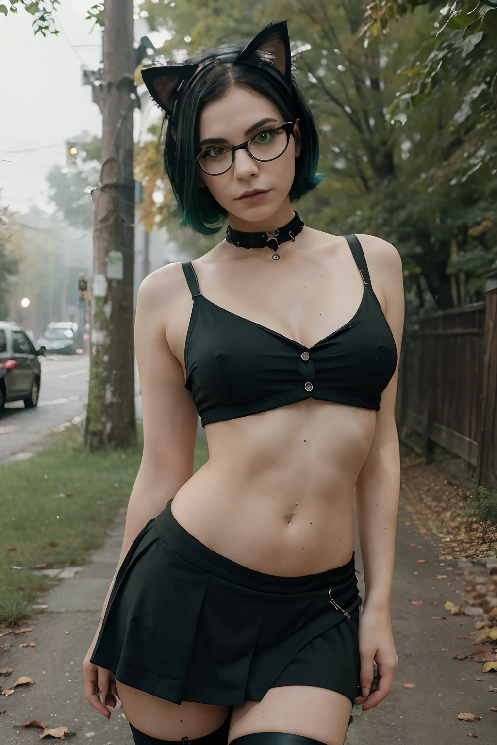 ((masterpiece, best quality)),best aesthetic, 1girl, looking at viewer, solo focus, goth woman, glasses, cat ears, goth clothing, low cut shirt, black hair with green streaks, short hair, green eyes, freckles, thick eyebrows, short skirt, autumn trail, hard nipples, foggy day