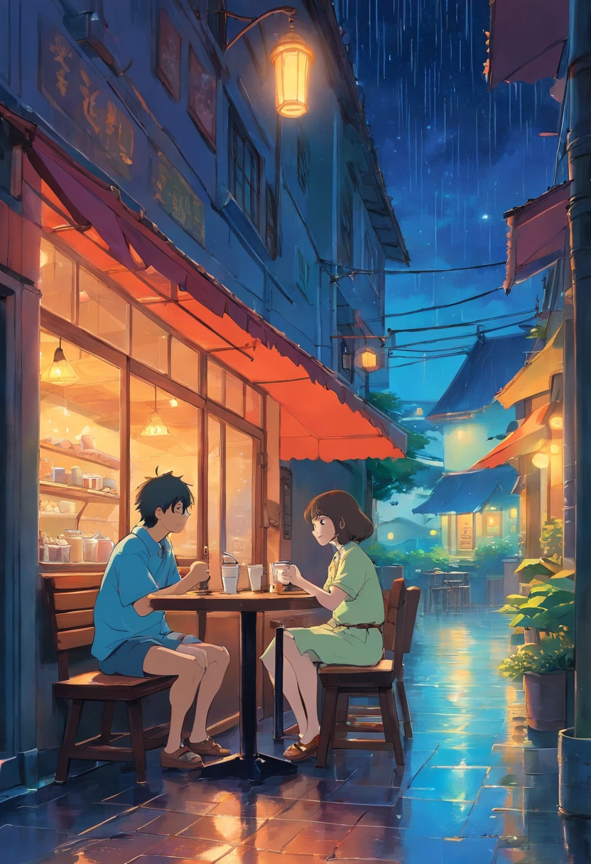 Man and woman sit in cafe,rain,night sky,drink a coffe, Filipino people