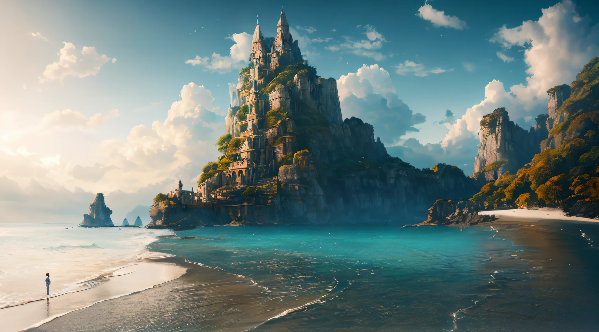 masterpiece, best quality, high quality, extremely detailed CG unity 8k wallpaper, scenery, outdoors, sky, cloud, day, no humans, beach, landscape, water, tree, blue sky, cliff, nature, cloudy sky,award winning photography, Bokeh, Depth of Field, HDR, bloom, Chromatic Aberration ,Photorealistic,extremely detailed, trending on artstation, trending on CGsociety, Intricate, High Detail, dramatic, art by midjourney