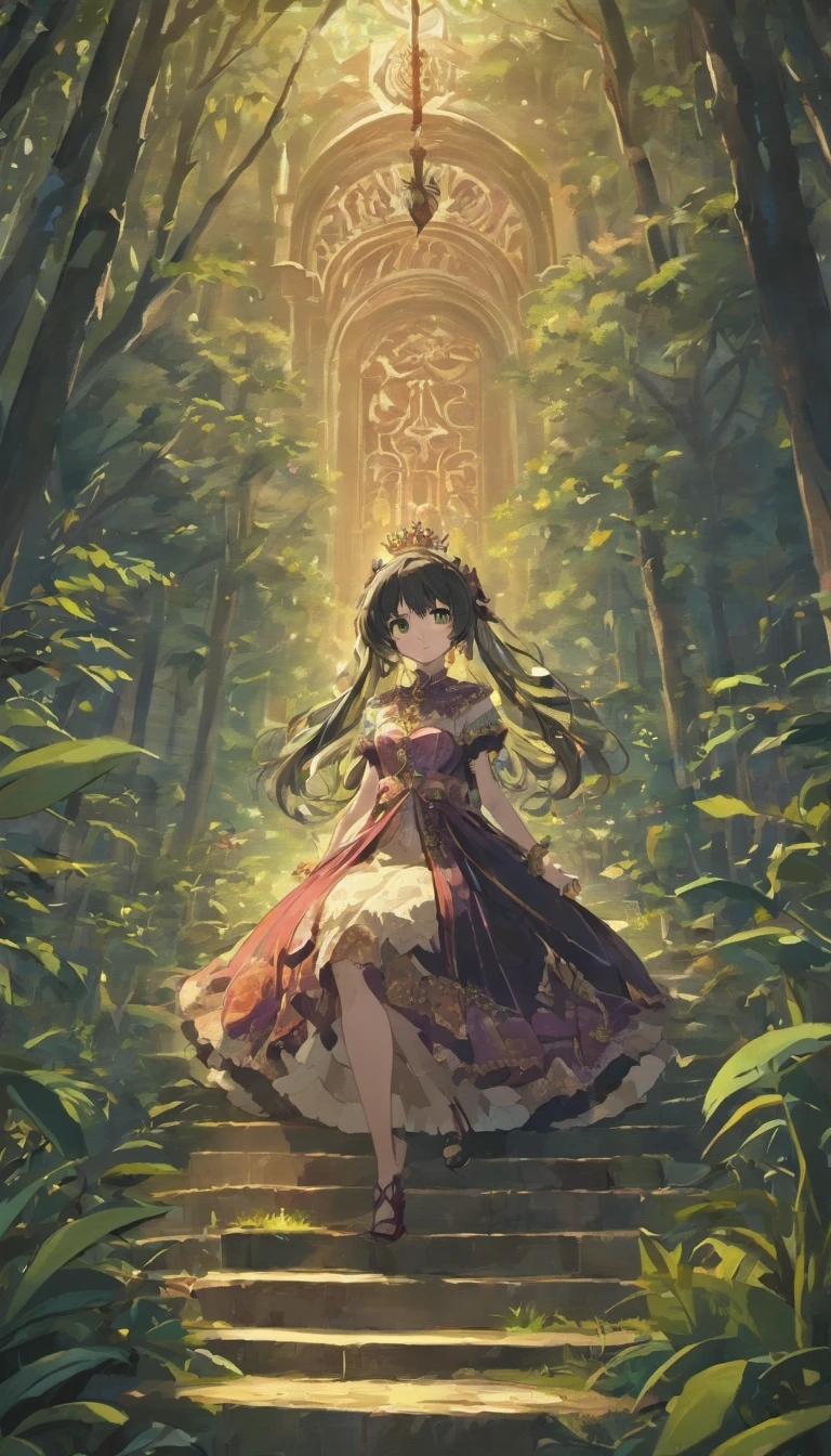(Masterpiece, Best quality), 1girll(atenea_Asamiya Palace), Cute dress, Long black hair, Sitting, Beautiful outdoor background, Night, forest,highly detailed surreal vfx,oc rendered