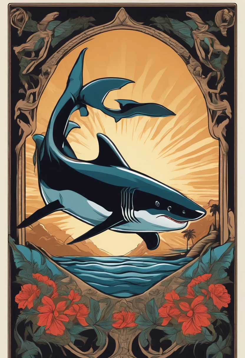 Shark illustration for a sticker with a black background, em negrito estilo de contorno, bordas irregulares, Lixo, sombreamento claro --v 5.2