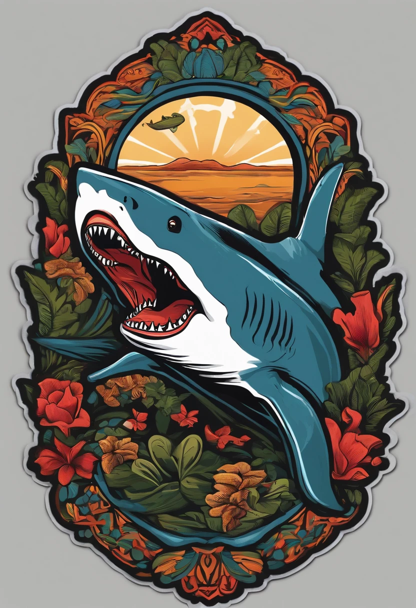 Shark illustration for a sticker with a black background, em negrito estilo de contorno, bordas irregulares, Lixo, sombreamento claro --v 5.2
