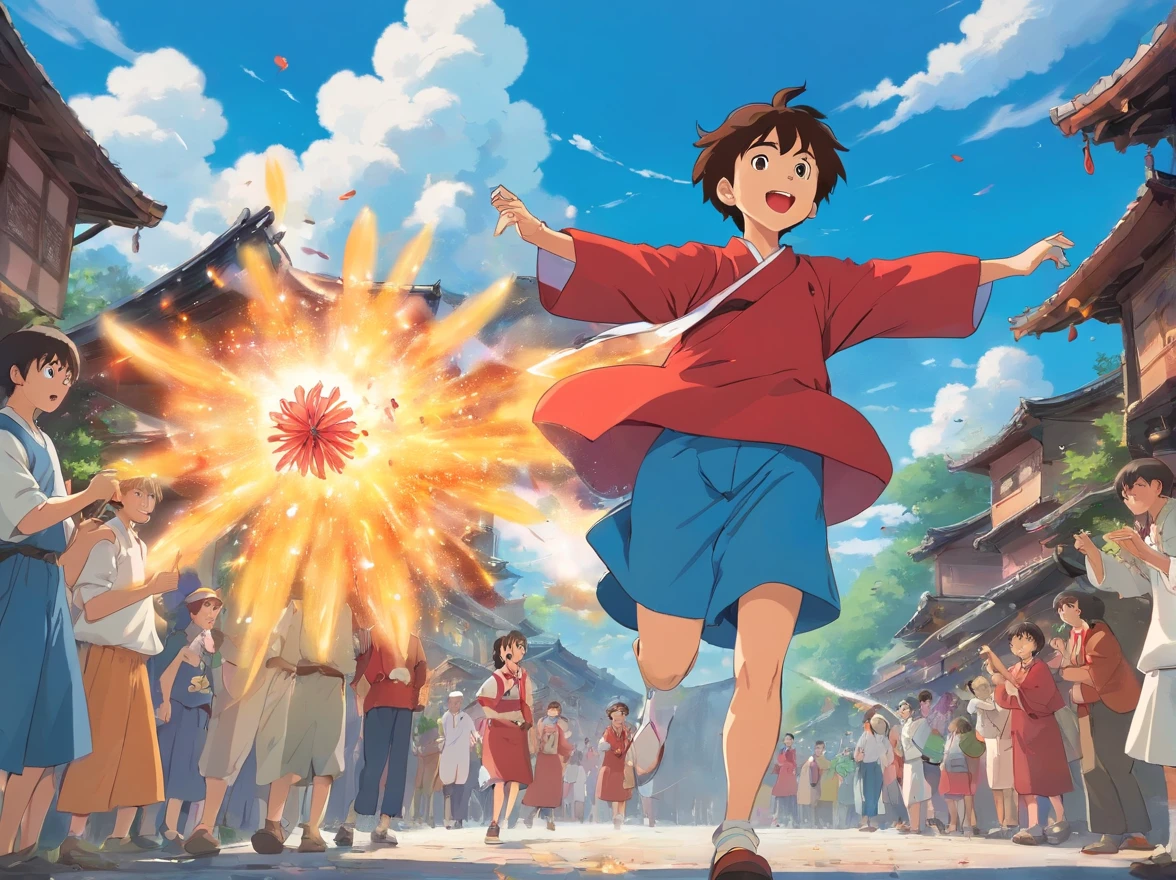 with blue sky and white clouds,Village roads,People get together,Celebrate the third of March of the Zhuang people,The 15-year-old boy wears Zhuang red clothing,Stand outside the crowd,ssmile。Holding an exploding flower cannon