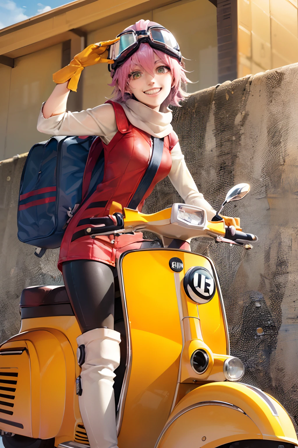 (masterpiece, best quality:1.2), haruko, flcl, 1girl, solo, grin, (blue bass guitar on back:1.1) pink hair, short hair, yellow eyes, red dress, helmet, white long sleeves, (yellow gloves:1.1), black pants, white boots, white scarf, (goggles on head:1.1), (ground vehicle, motor vehicle, yellow vespa:1.1)