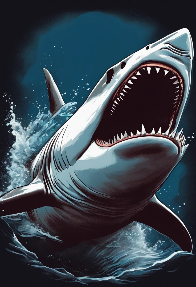 art for a t-shirt, sticker, strong white outline ((a ferocious shark)) highlighted white outline style, deep colors, high warmth, high contrast, cinematic style, realistic, ultra-realistic, hyper-realistic, 8K, 3D, UHD, HD, HDR,