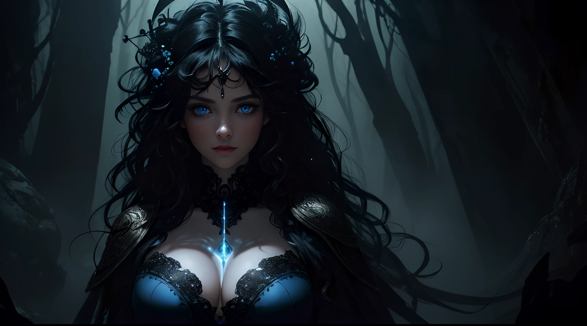 (photorealism, best quality, high details, high-resolution:1.2, masterpiece, 4K), (dark fantasy illustration:1.3), portrait of beautiful woman, ((surrounded by black fog coming form all directions)), woman, curly black hair, hair without ornaments, black clothes, beautiful face, hourglass body, blue eyes, ((blue glowing eyes)), elegant, intricate , hourglass figure, (finely detailed beautiful eyes: 1.2), ((huge breasts)), perfect body, looking at viewer, enchanting gaze, 1gril, full body portrait, cinematic lighting, darkness, dark scene, ((dim light)), mute lighting, super detailed, ultrarealistic, digital photography